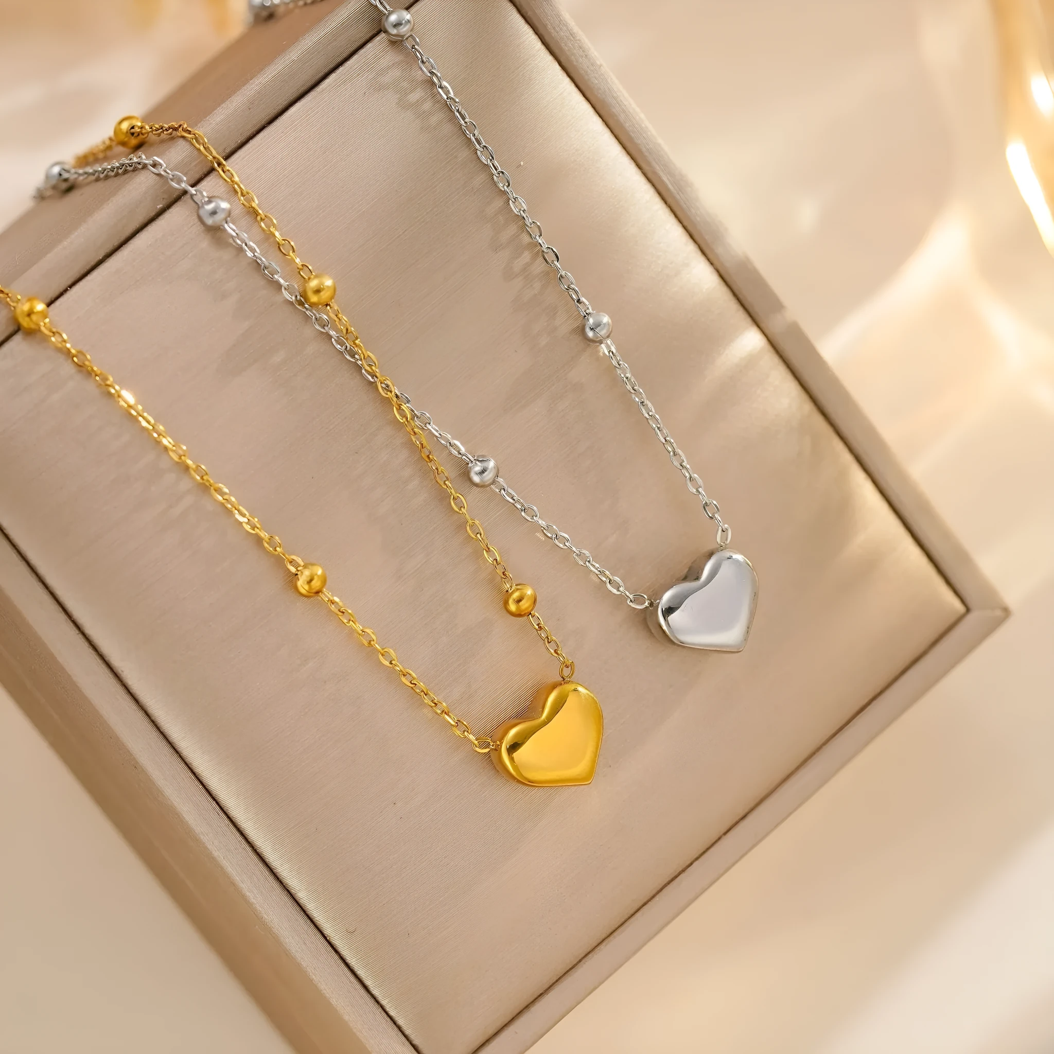 Love titanium steel necklace for women, ball bead chain, electroplated silver finish, geometric pendant