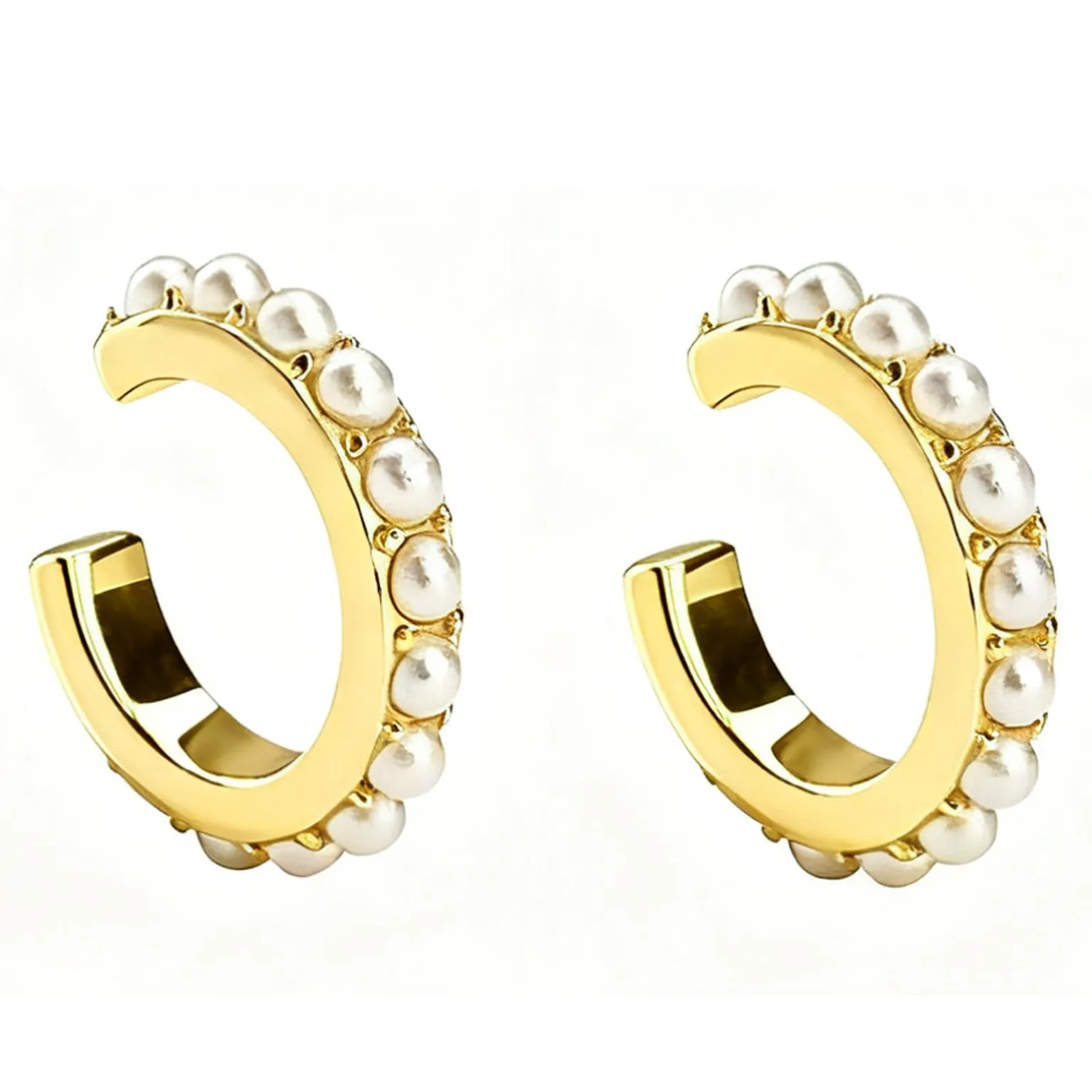 925 sterling silver 18K electroplated artistic pearl ear clip in gold finish with round imitation pearls and geometric frame