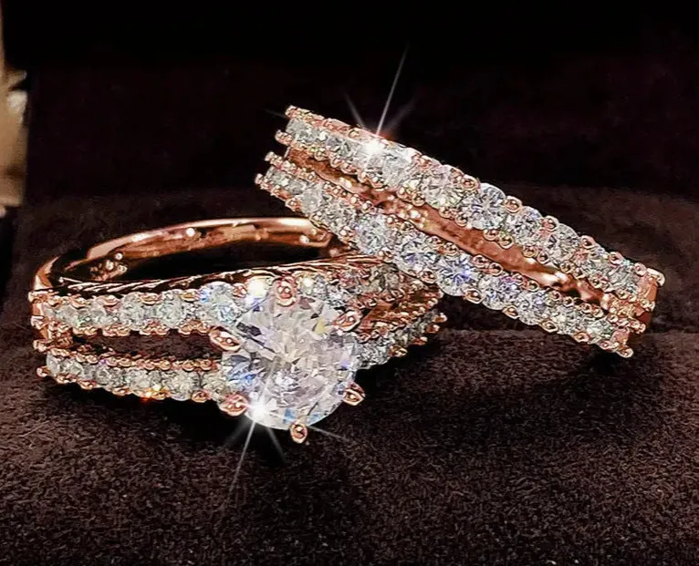 2 in 1 geometric female ring set in gold, rose gold, or silver plating with round design elements