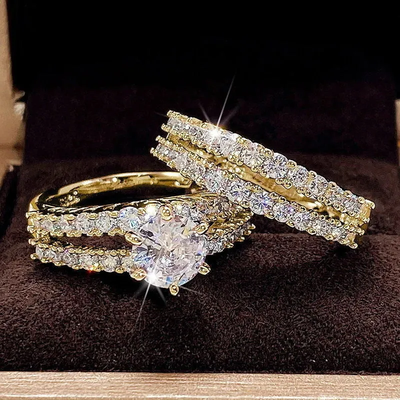 2 in 1 geometric female ring set in gold, rose gold, or silver plating with round design elements
