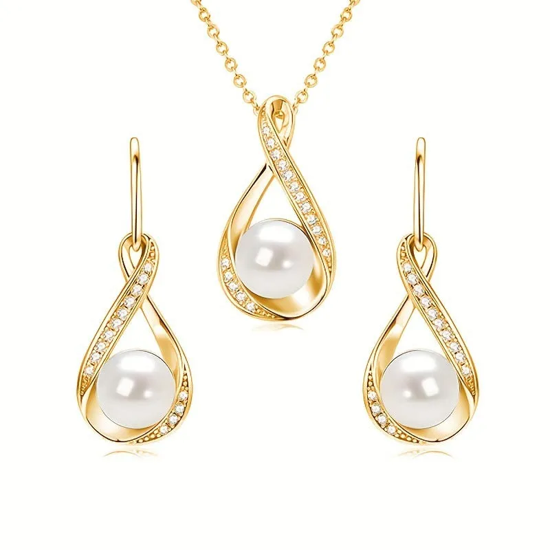 Simulated pearl necklace with diamond inlaid love heart pendant on alloy clavicle chain in gold finish