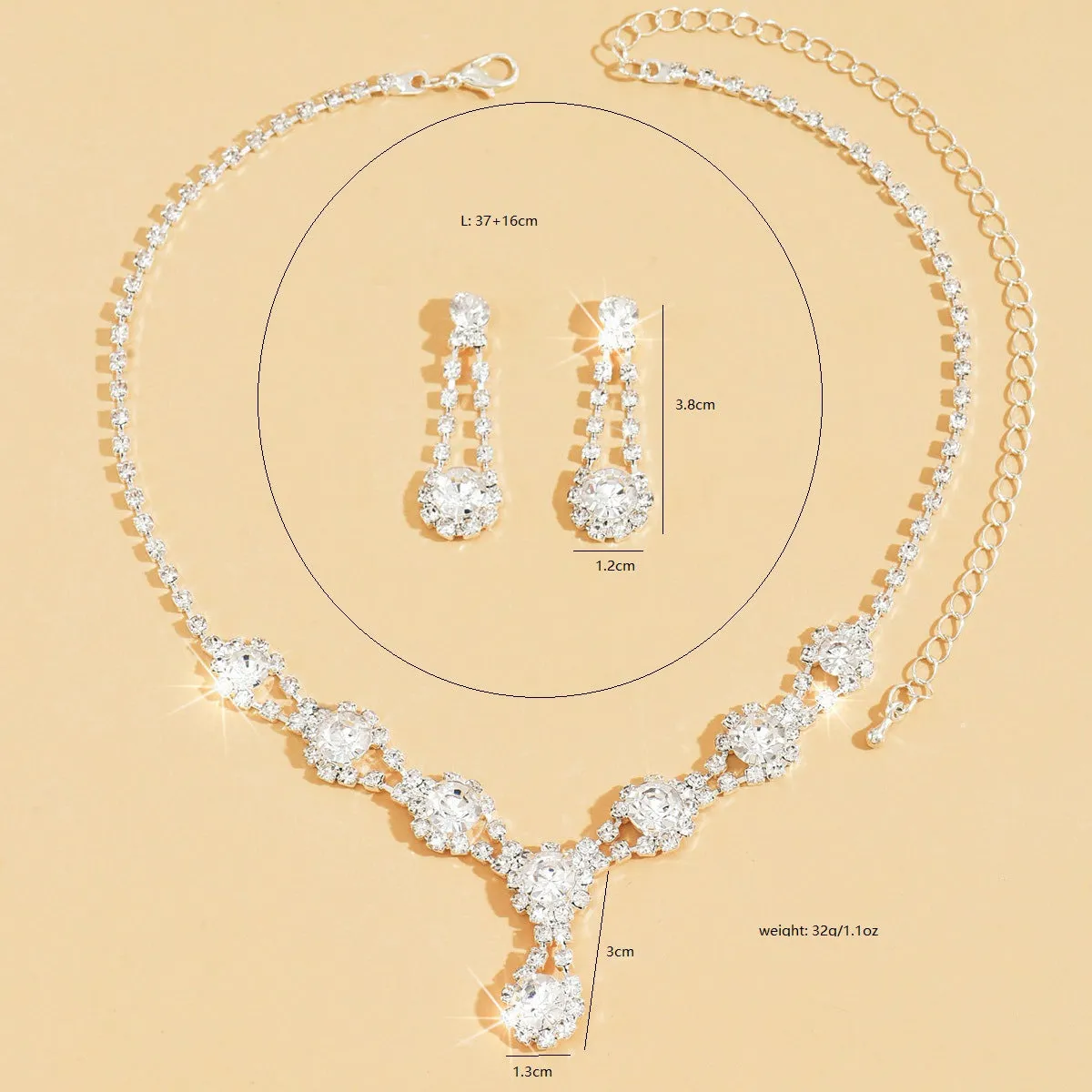 Rhinestone crystal necklace and earrings set in silver colour