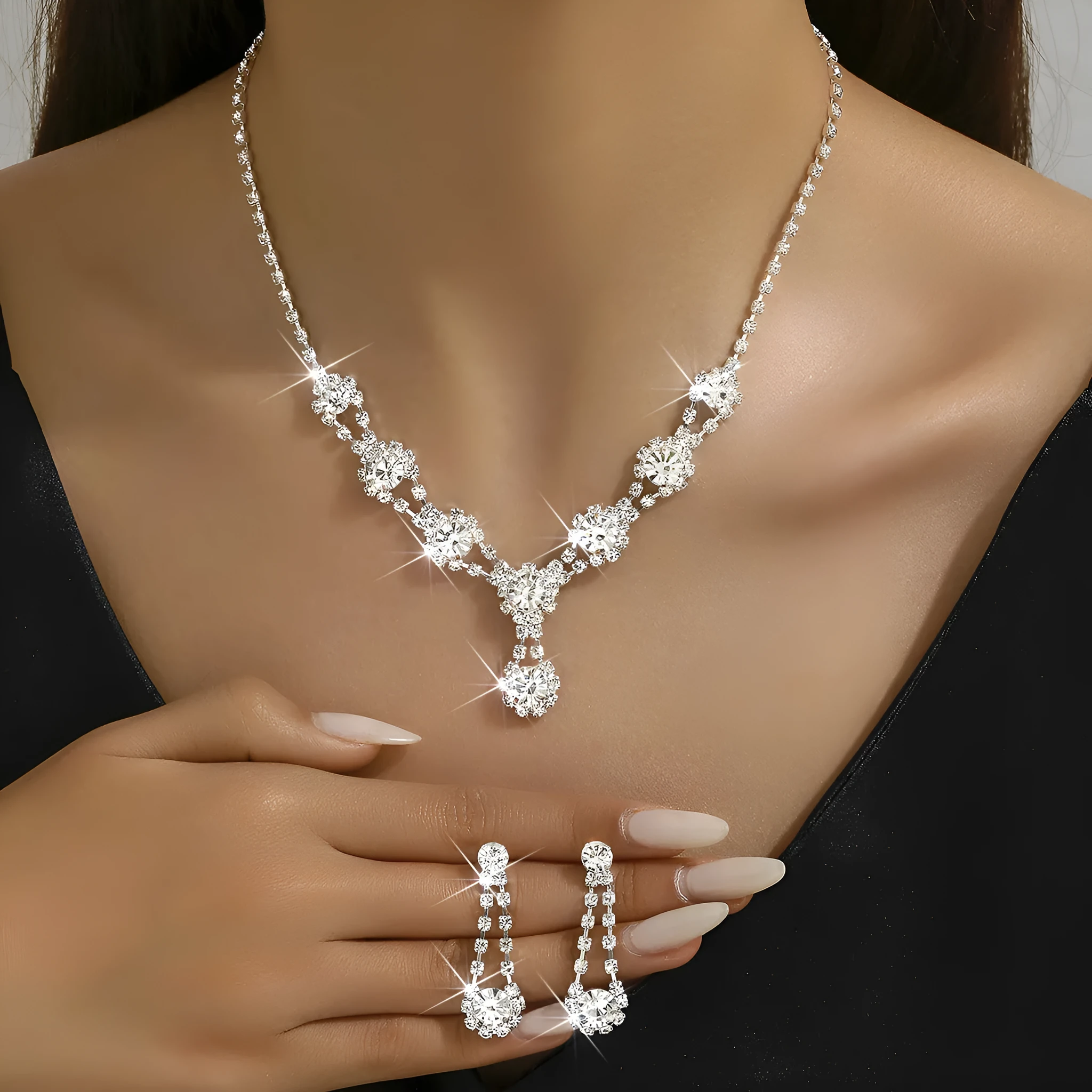 Rhinestone crystal necklace and earrings set in silver colour