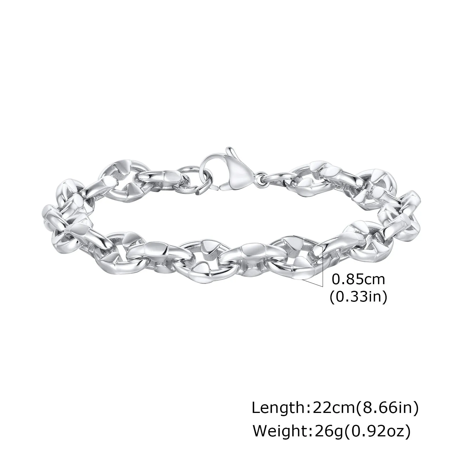 A thick handmade stainless steel bracelet with a geometric shape and steel colour finish.