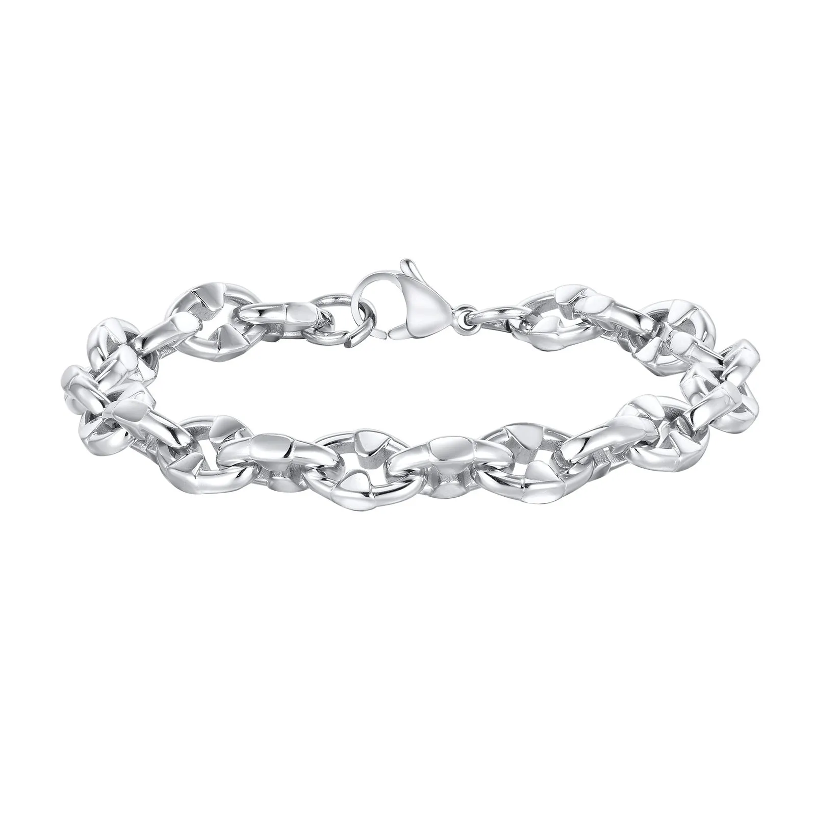 A thick handmade stainless steel bracelet with a geometric shape and steel colour finish.