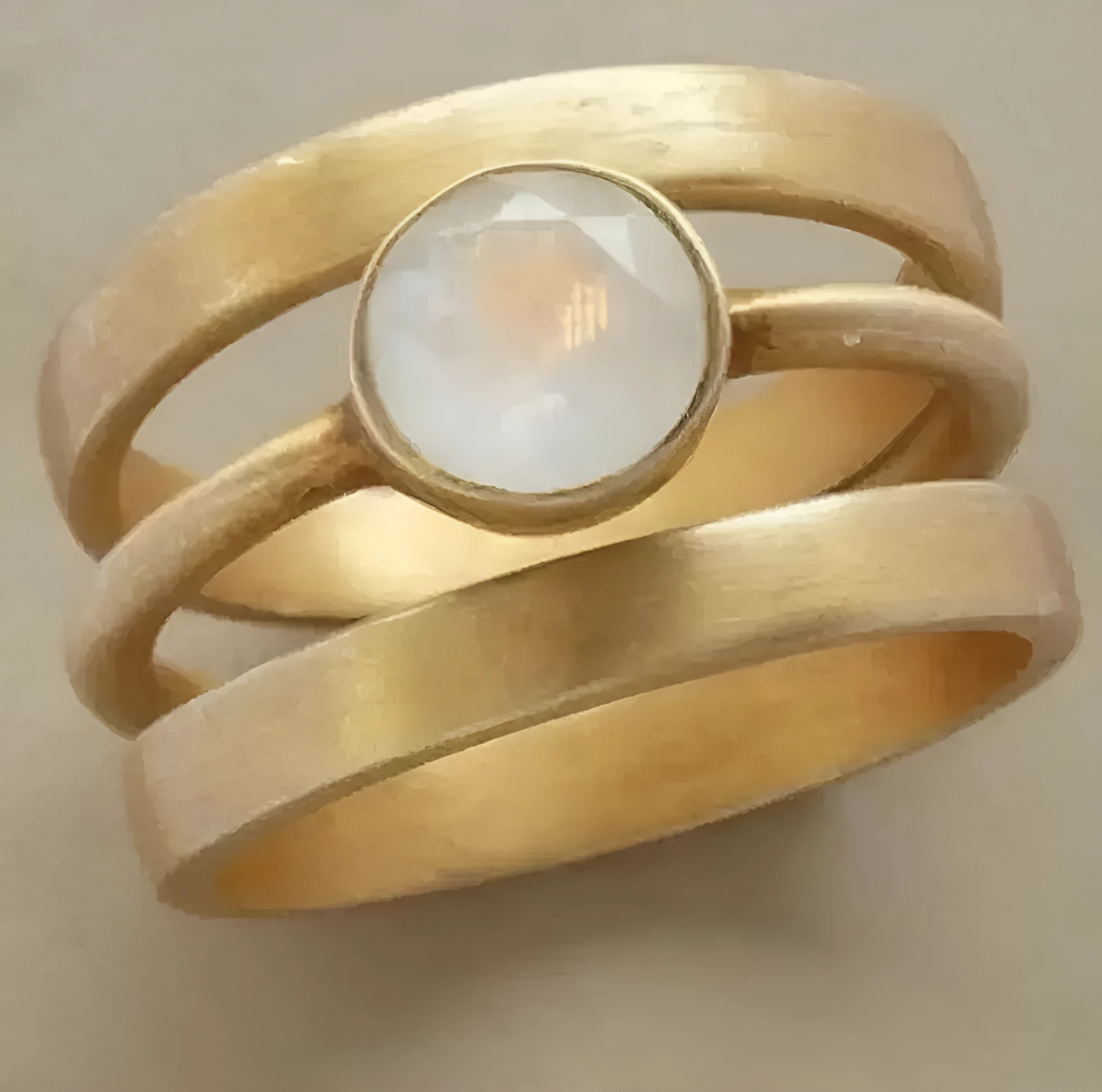 Gold-plated titanium steel ring with hollow micro-inlaid white chalcedony, geometric design, unisex, size No 8