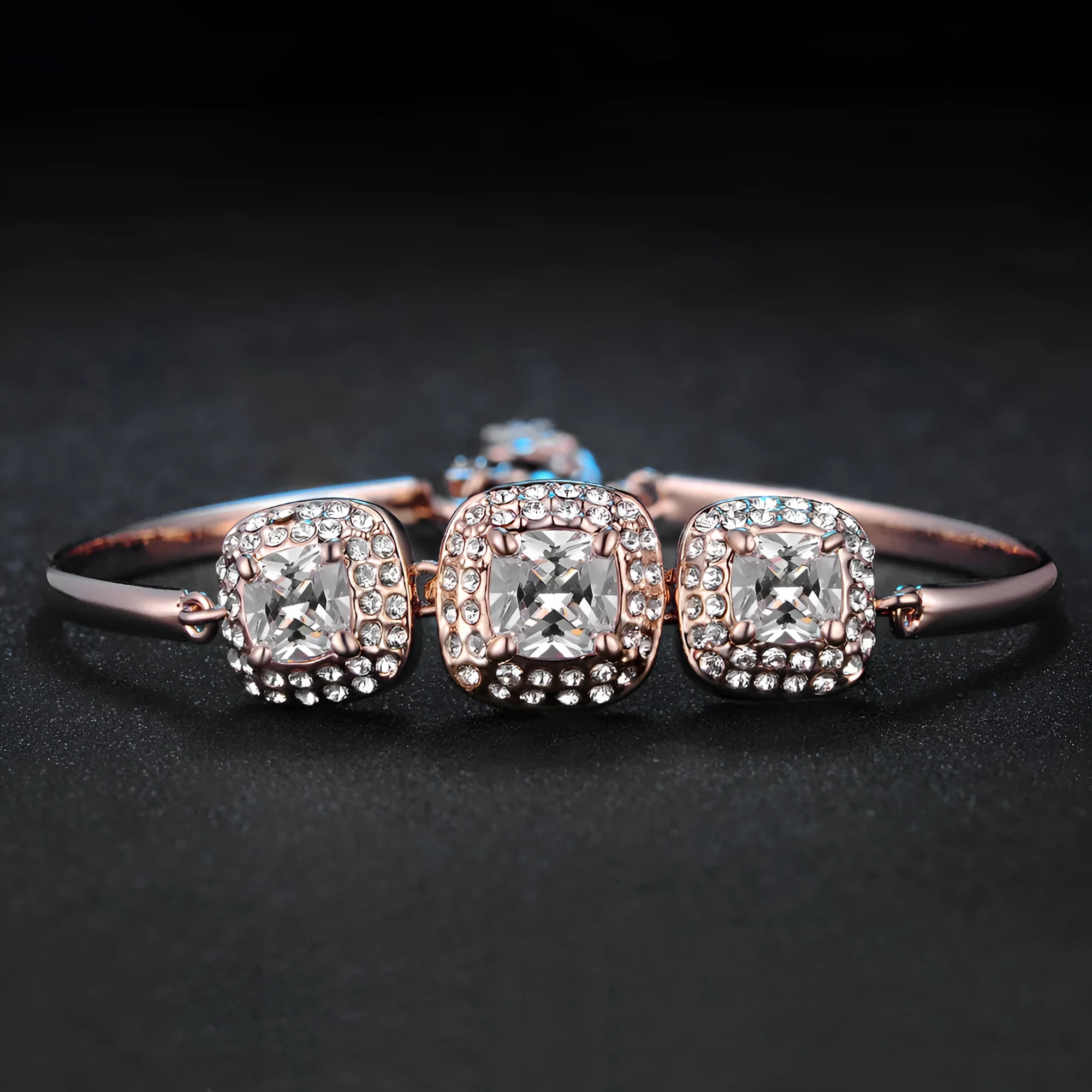 Square rock candy full diamond women's bracelet in rose gold gold-plated copper geometric design