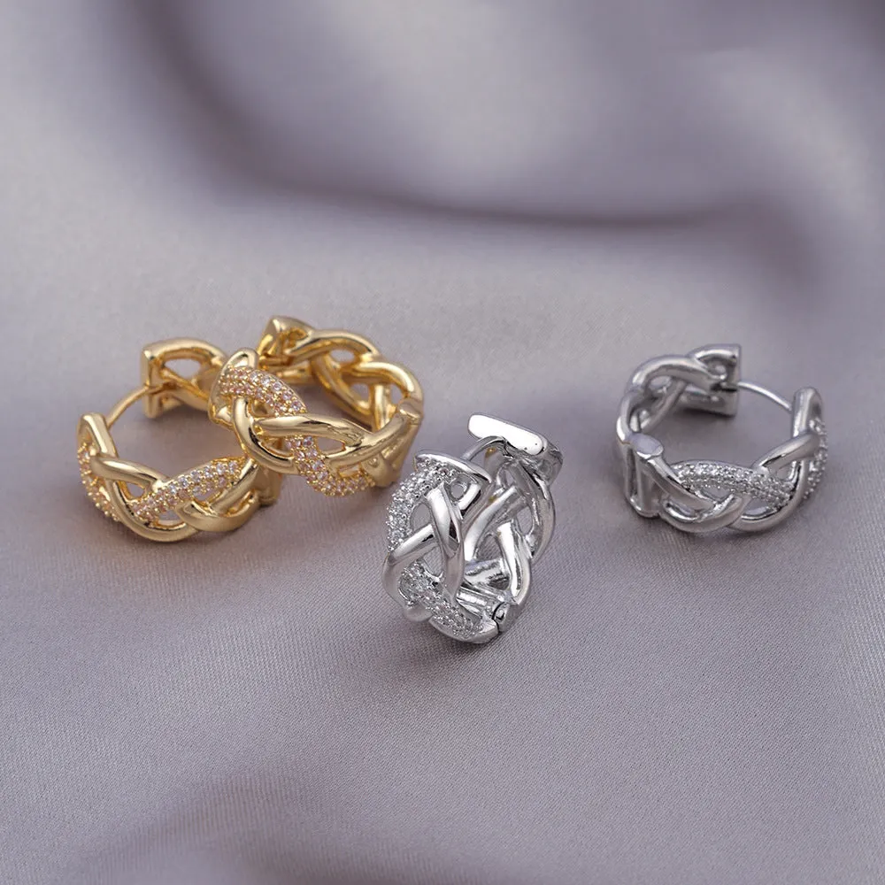 Pair of micro zircon-encrusted woven twisted stud earrings in gold real gold plating finish