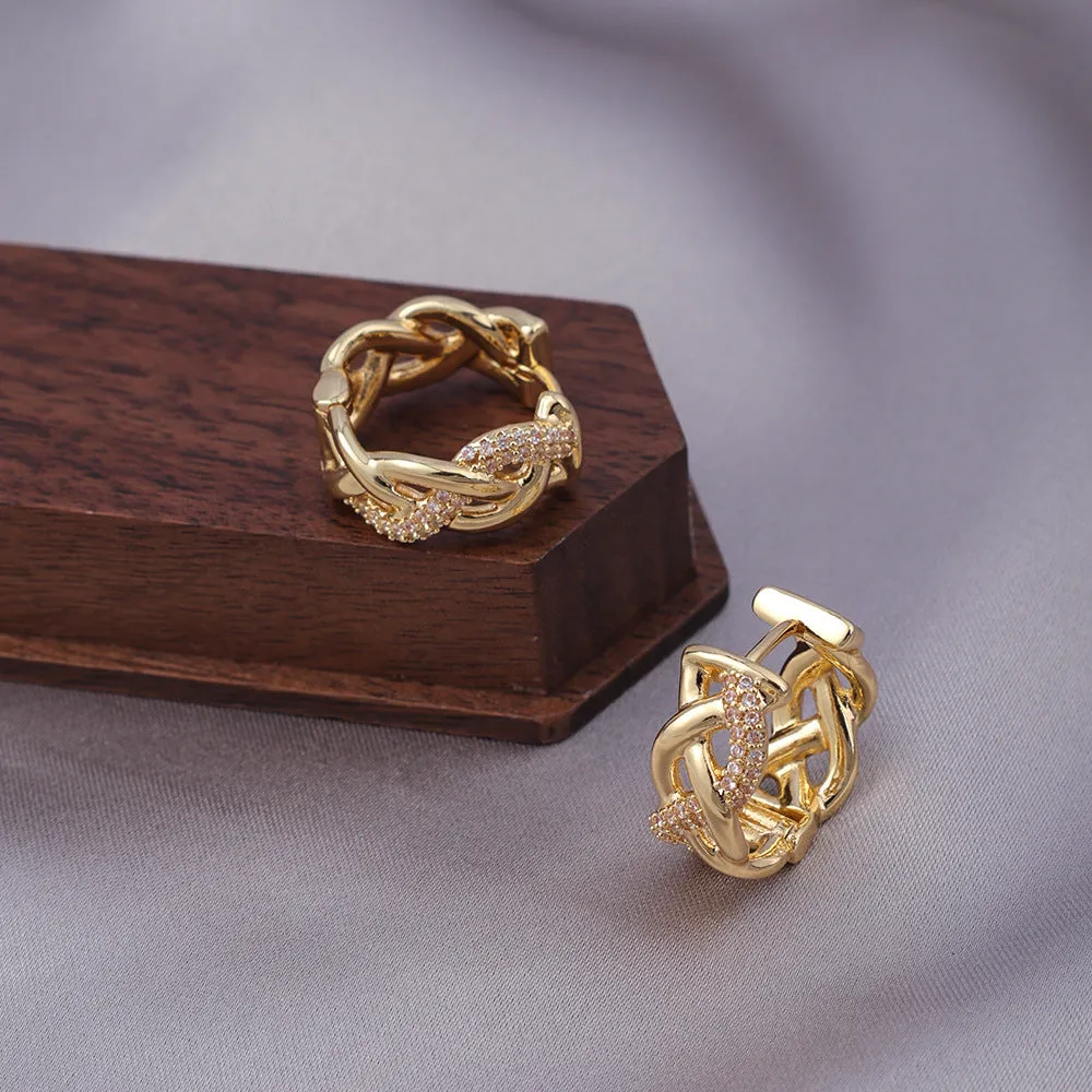 Pair of micro zircon-encrusted woven twisted stud earrings in gold real gold plating finish