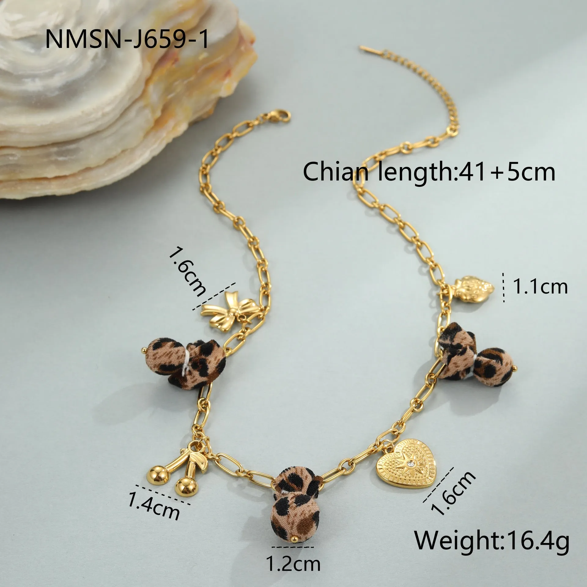 Stainless steel necklace with geometric leopard, hearts and flowers pendant on adjustable 41-50cm chain