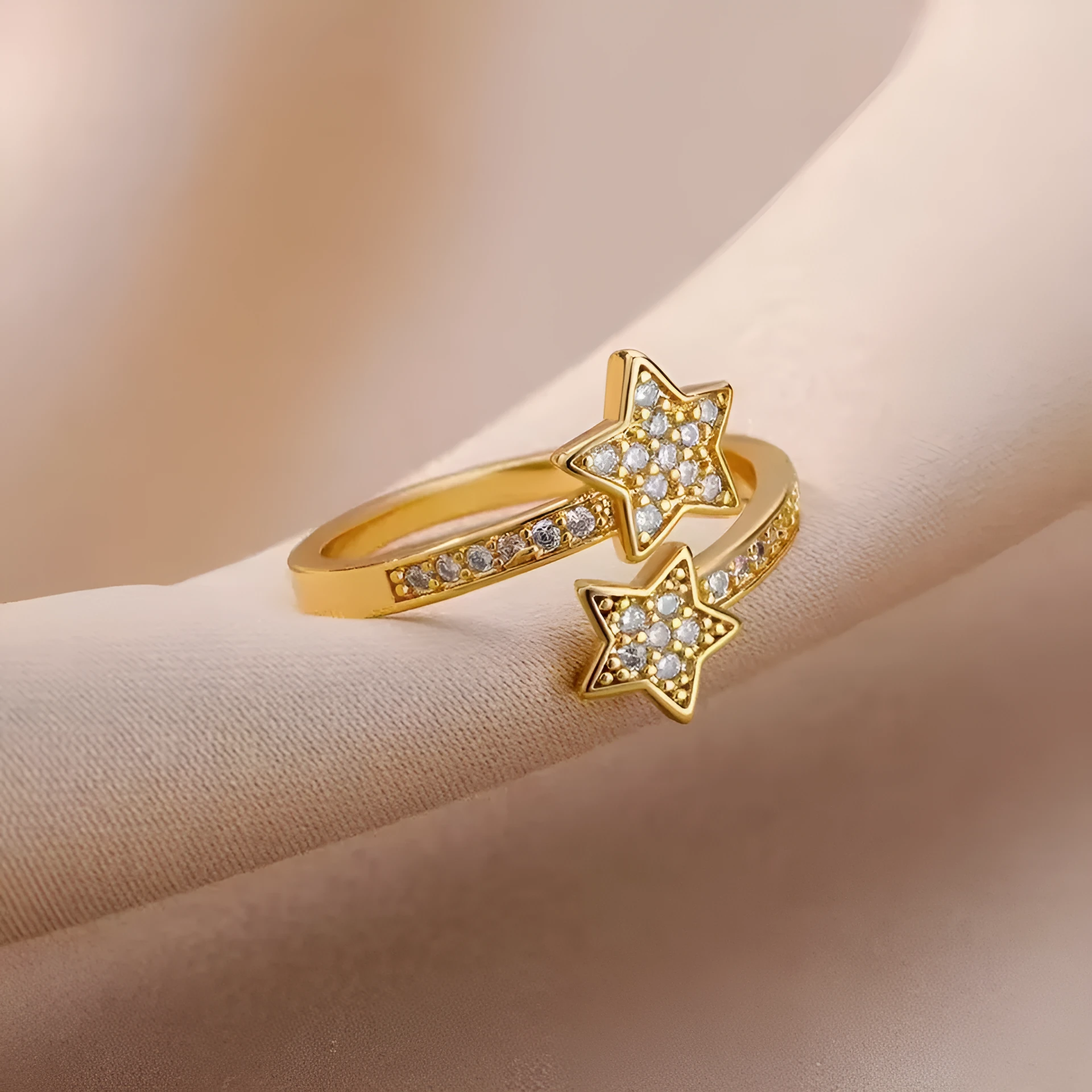 Gold cold style zircon star open-end ring and bracelet set for women on copper