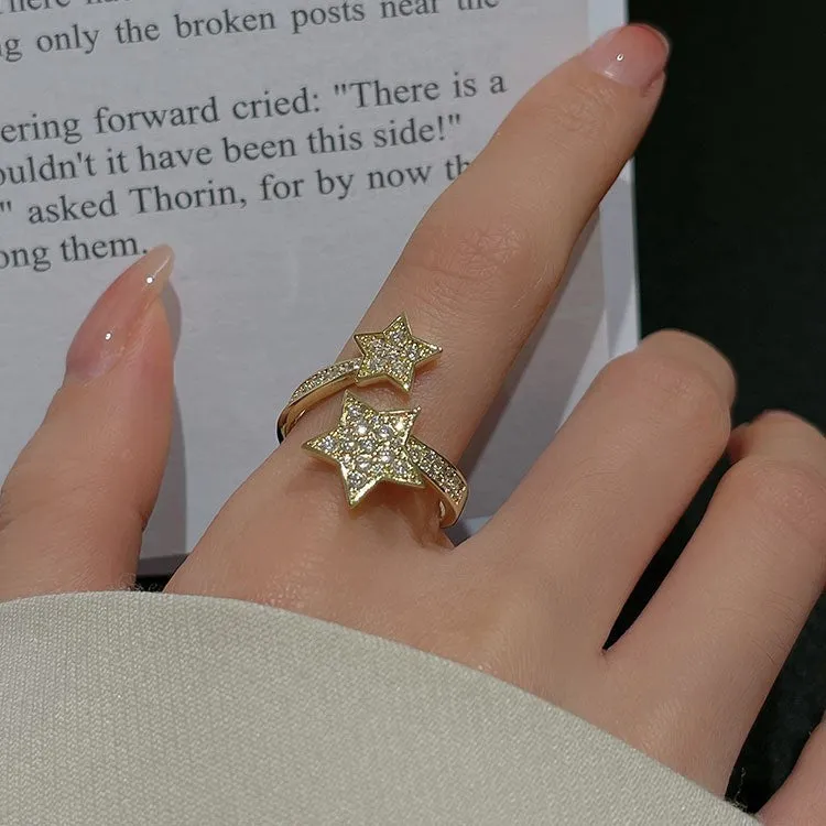Gold cold style zircon star open-end ring and bracelet set for women on copper