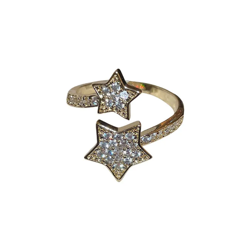 Gold cold style zircon star open-end ring and bracelet set for women on copper