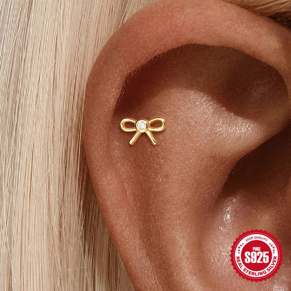 S925 sterling silver bow pendant ear bone stud bracelet necklace jewellery set with gold electroplated finish on O-shaped chain
