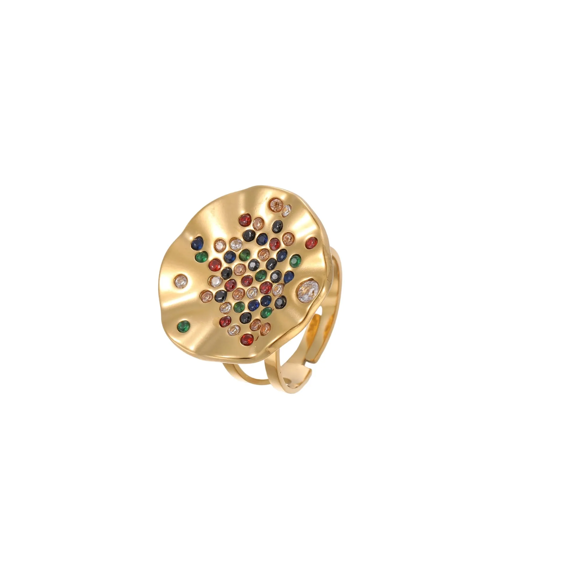 Geometric open mouth ring with pleated inlaid diamond detailing in electroplated stainless steel