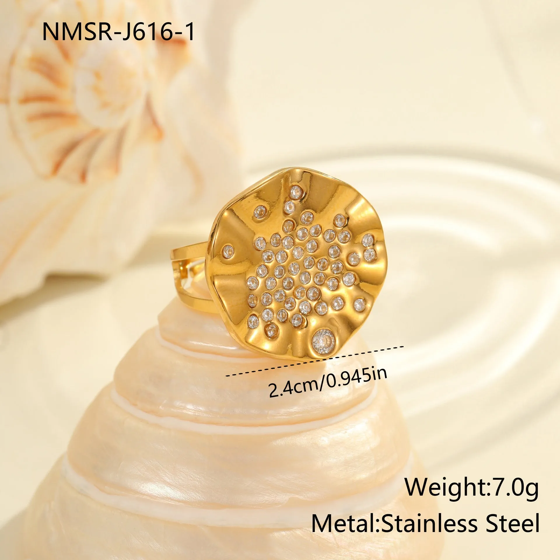 Geometric open mouth ring with pleated inlaid diamond detailing in electroplated stainless steel