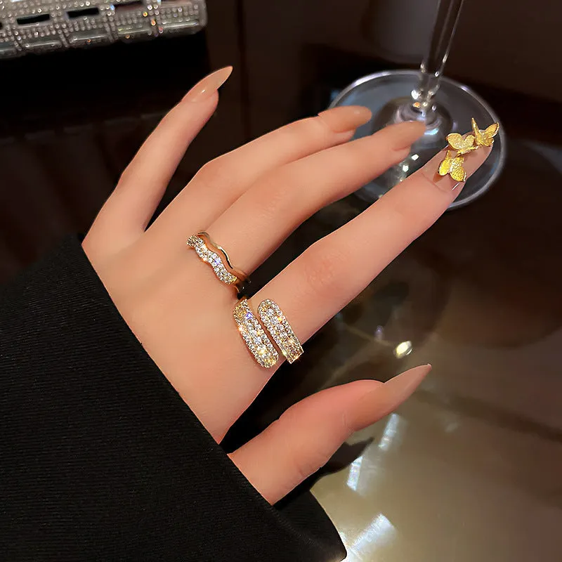Gold electroplated diamond-embedded open ring for women with geometric alloy band