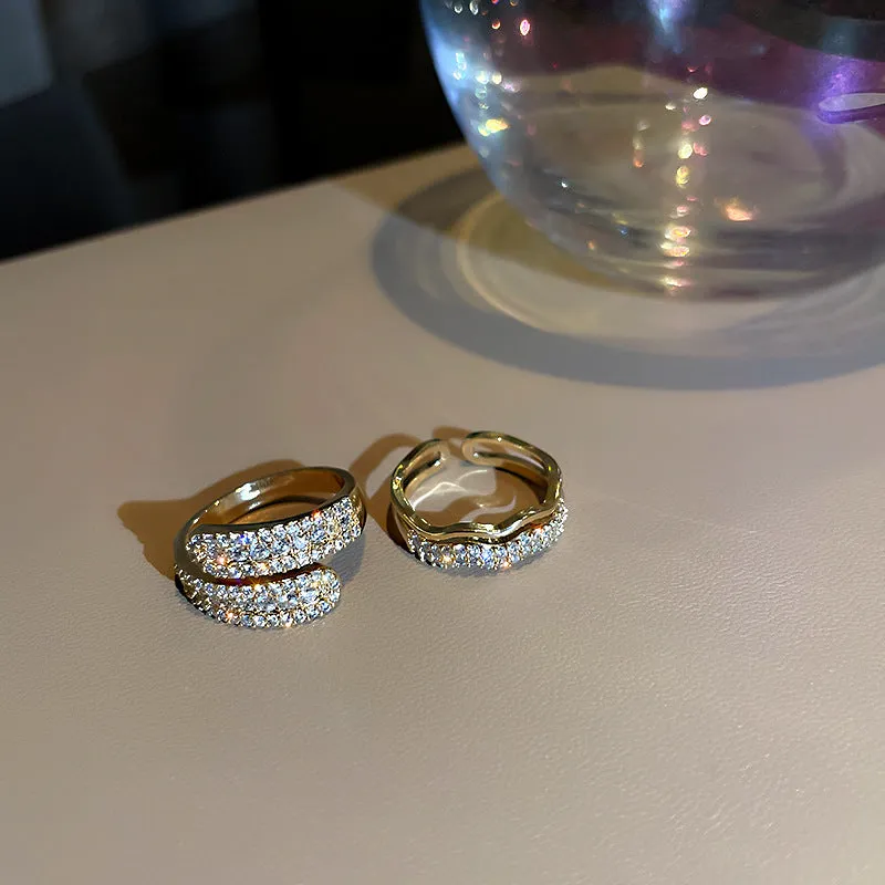 Gold electroplated diamond-embedded open ring for women with geometric alloy band