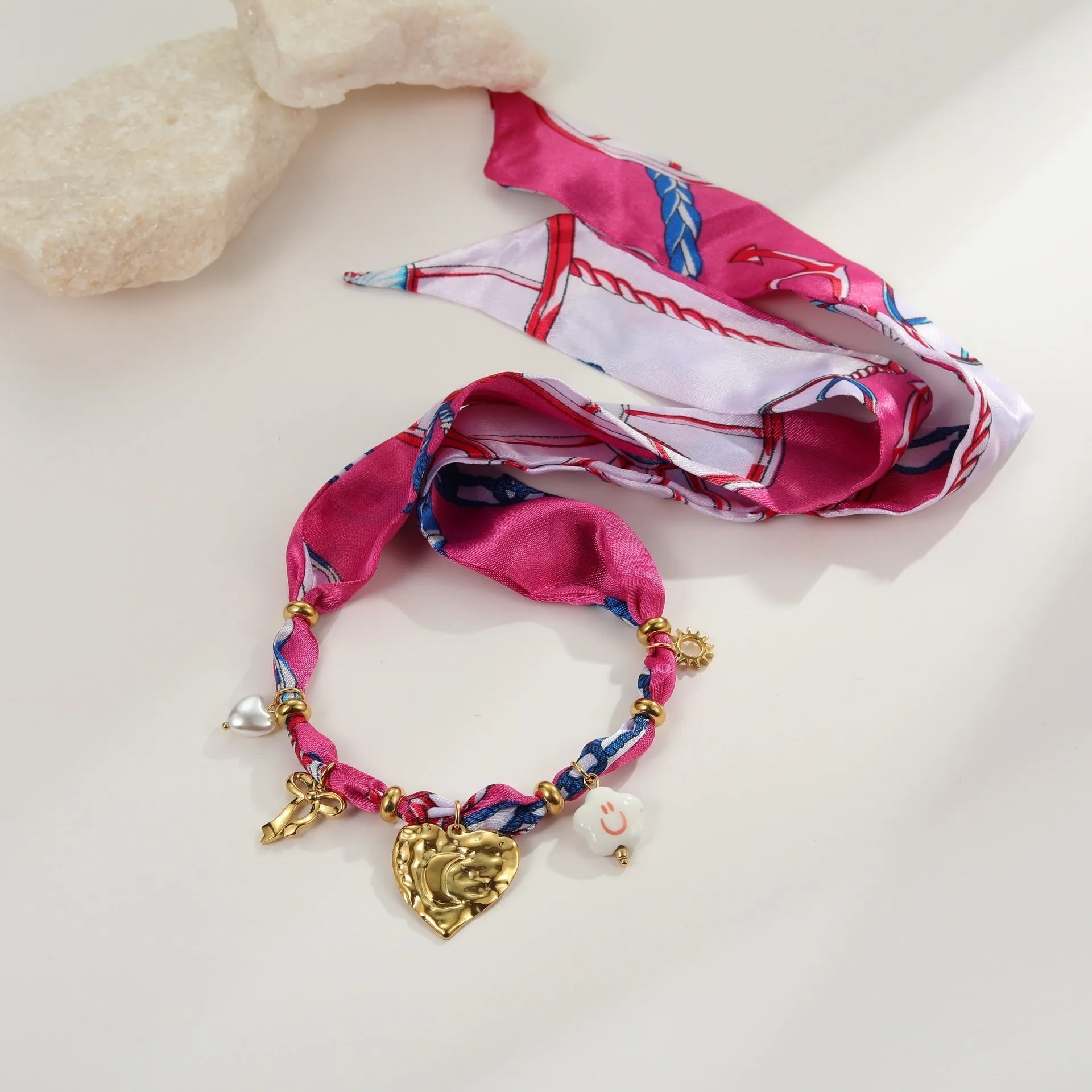 Stainless steel necklace and bracelet set with colourful silk scarf pendant and geometric chain design