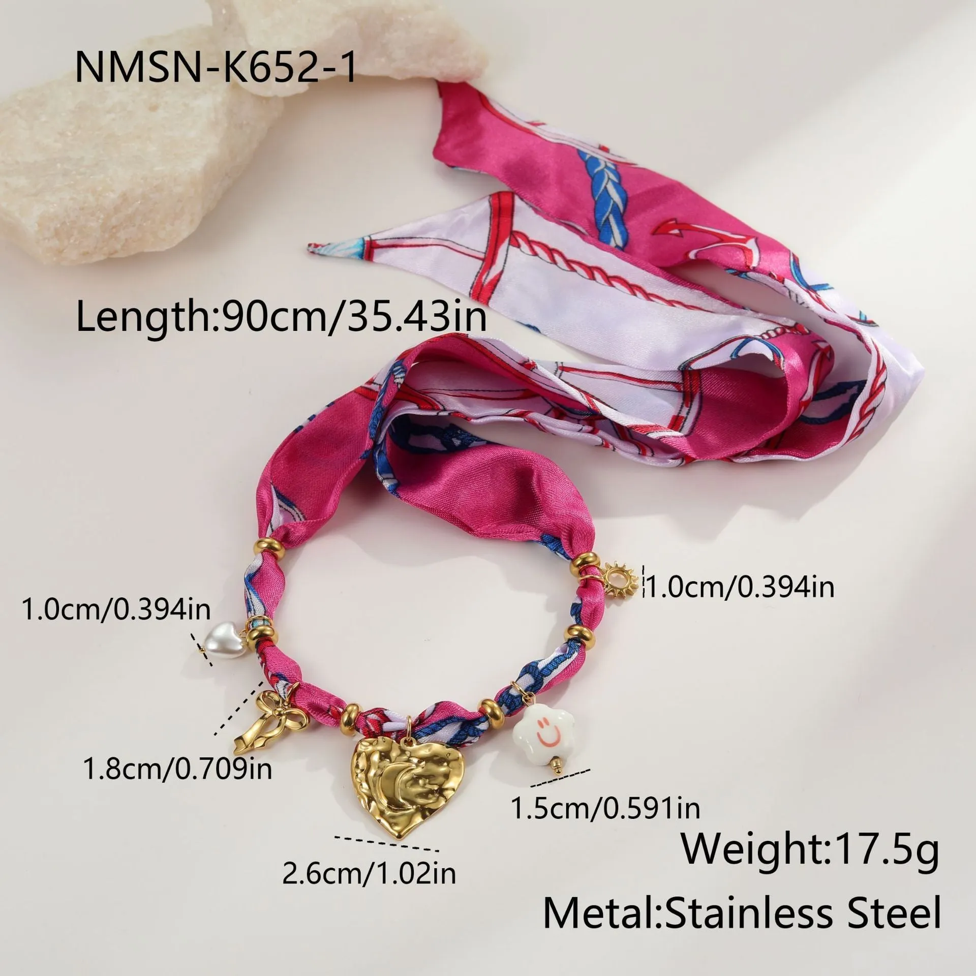 Stainless steel necklace and bracelet set with colourful silk scarf pendant and geometric chain design
