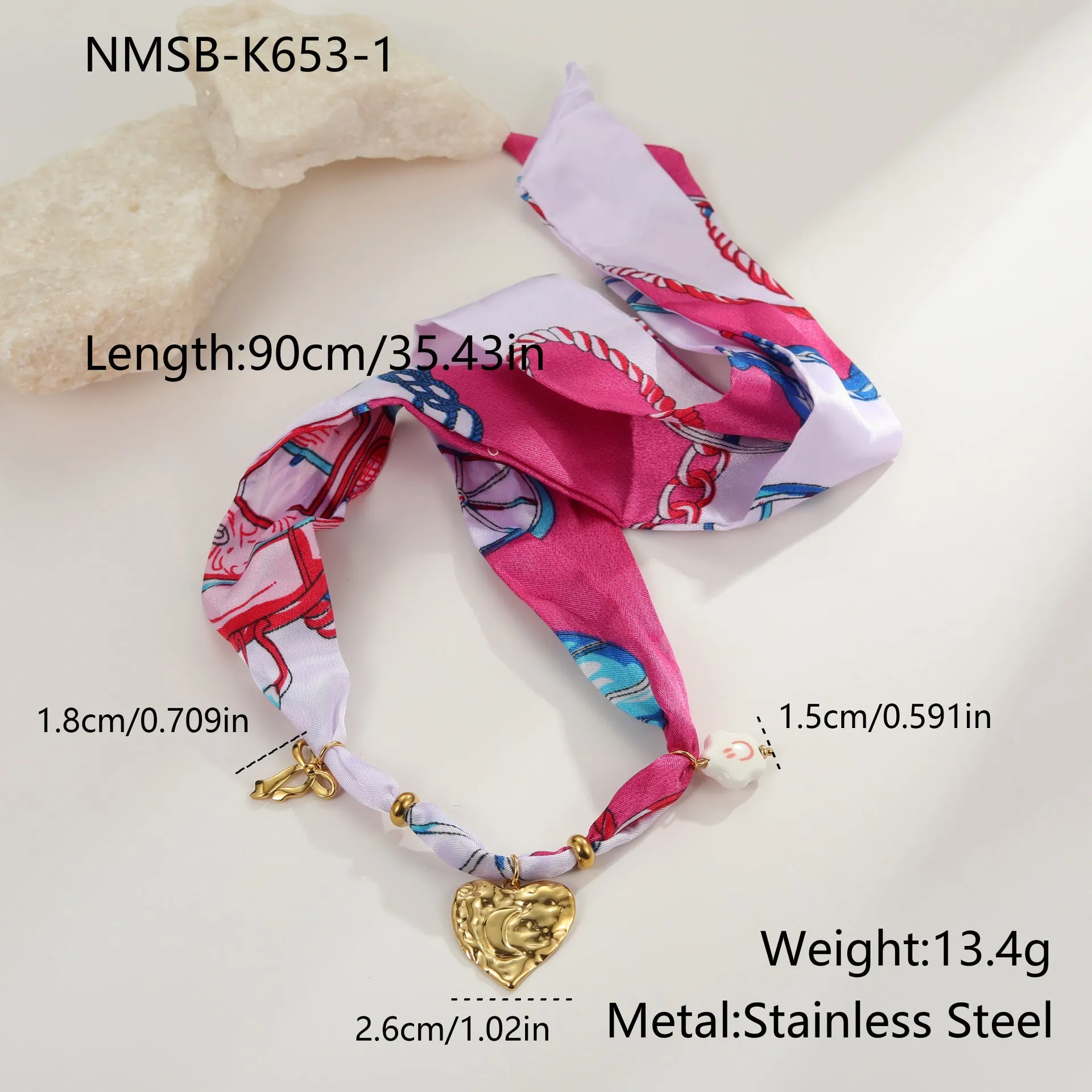 Stainless steel necklace and bracelet set with colourful silk scarf pendant and geometric chain design
