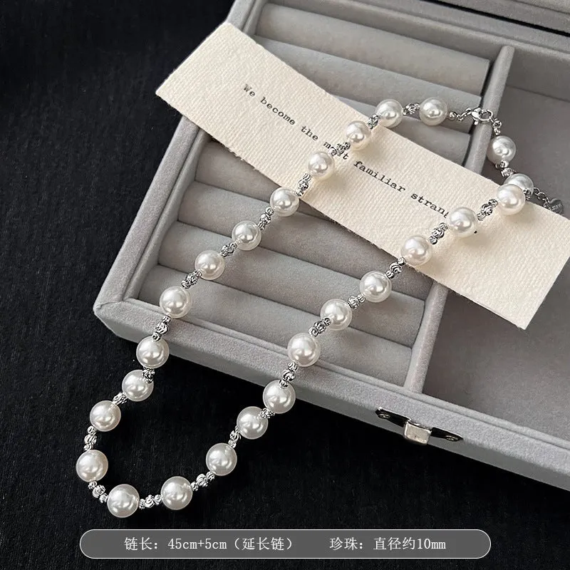 Women's 10mm pearl chain necklace with geometric pendant on 45cm chain, mother pearl shellfish, handmade