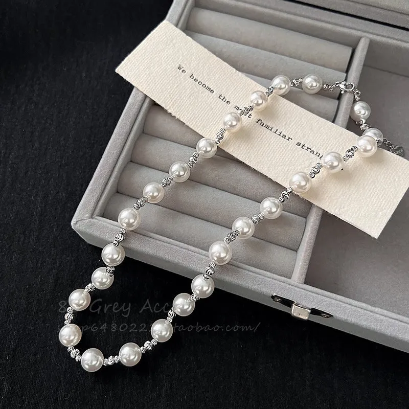 Women's 10mm pearl chain necklace with geometric pendant on 45cm chain, mother pearl shellfish, handmade