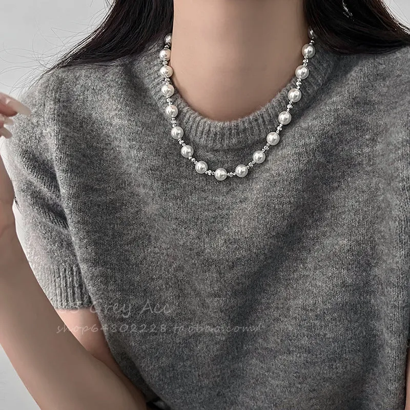 Women's 10mm pearl chain necklace with geometric pendant on 45cm chain, mother pearl shellfish, handmade