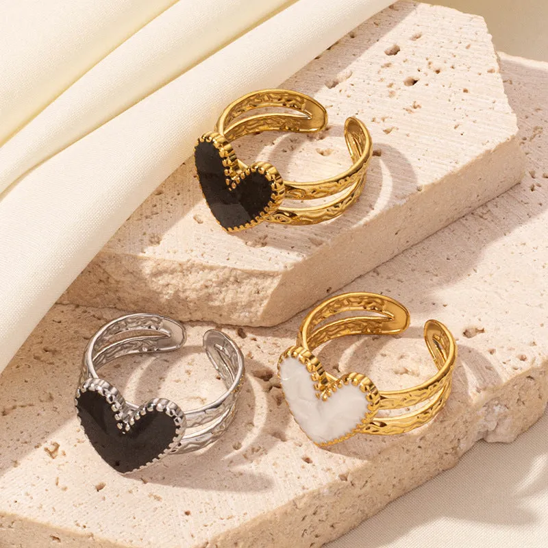 304 stainless steel heart-shaped drip open ring with polished finish in three colour options