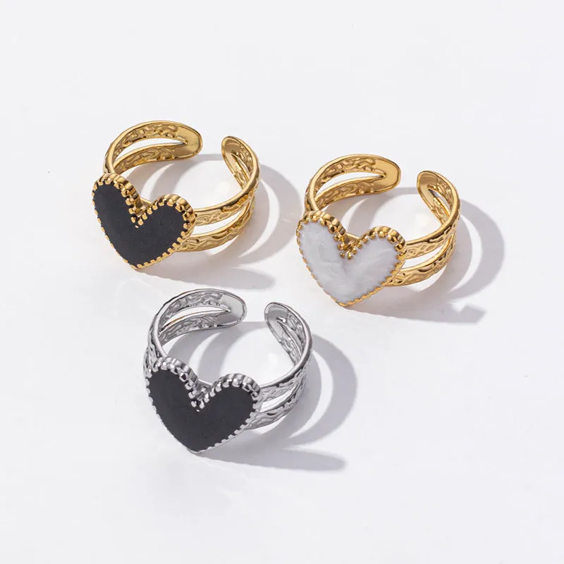 304 stainless steel heart-shaped drip open ring with polished finish in three colour options