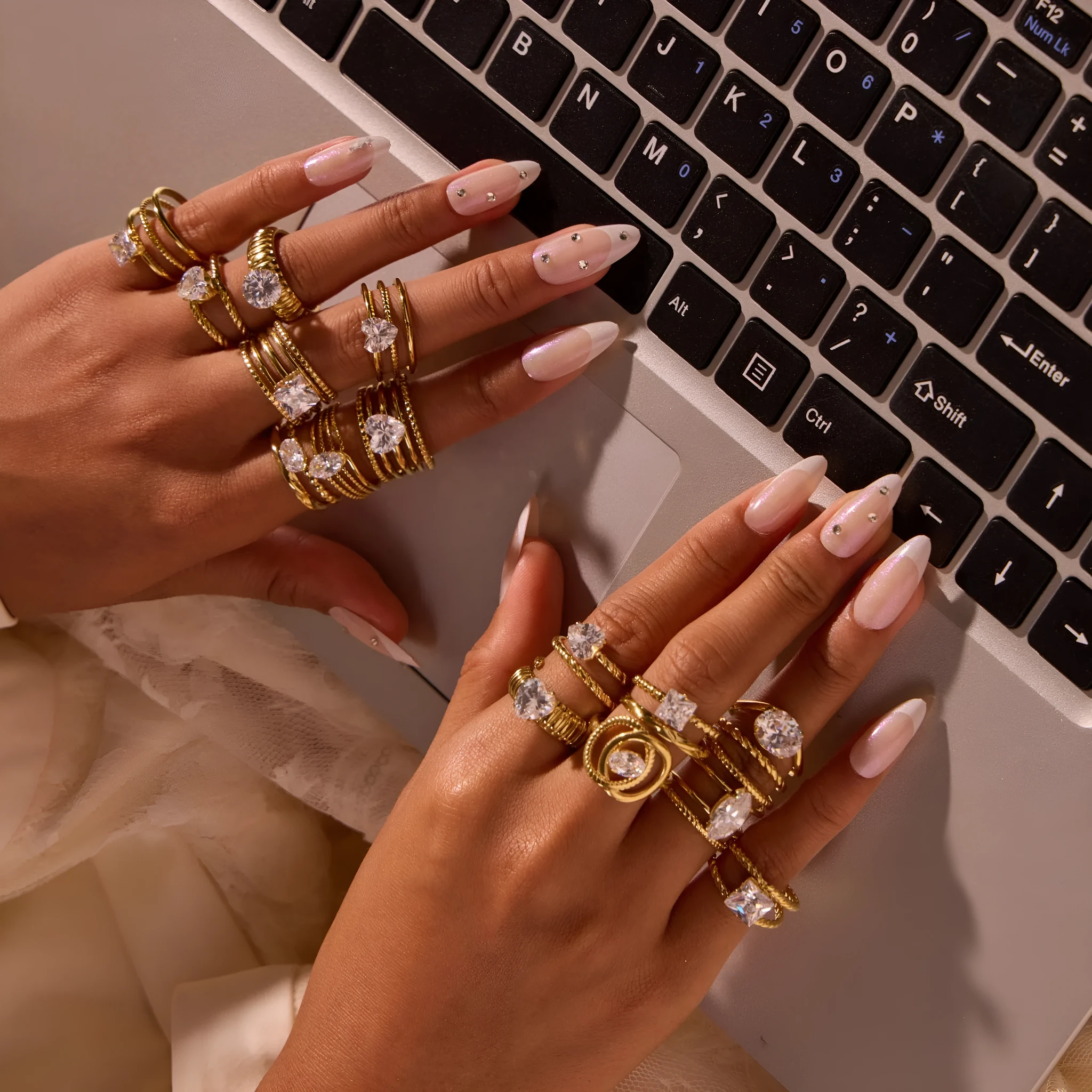Gold electroplated stainless steel open mouth ring with zircon decoration and geometry design