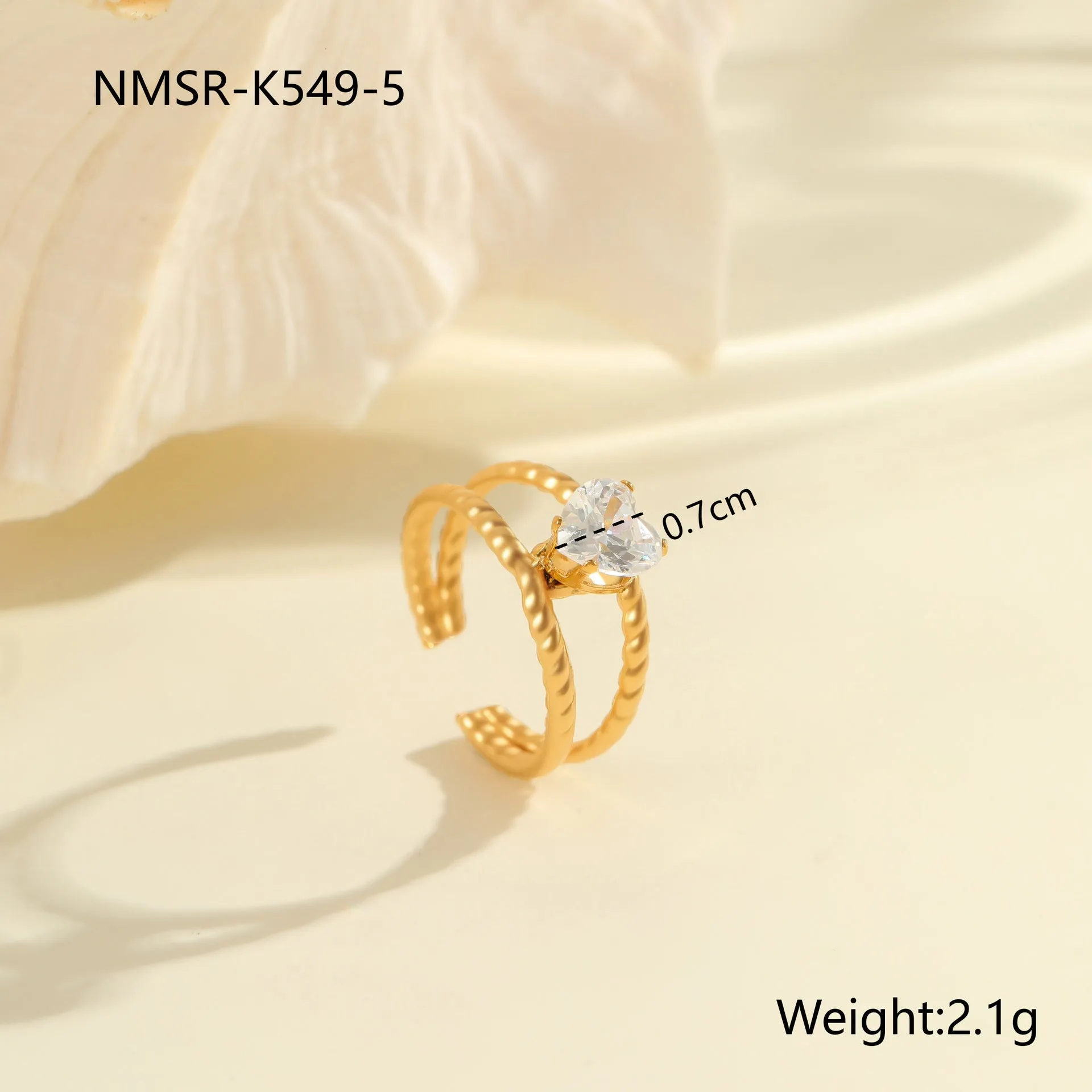 Gold electroplated stainless steel open mouth ring with zircon decoration and geometry design