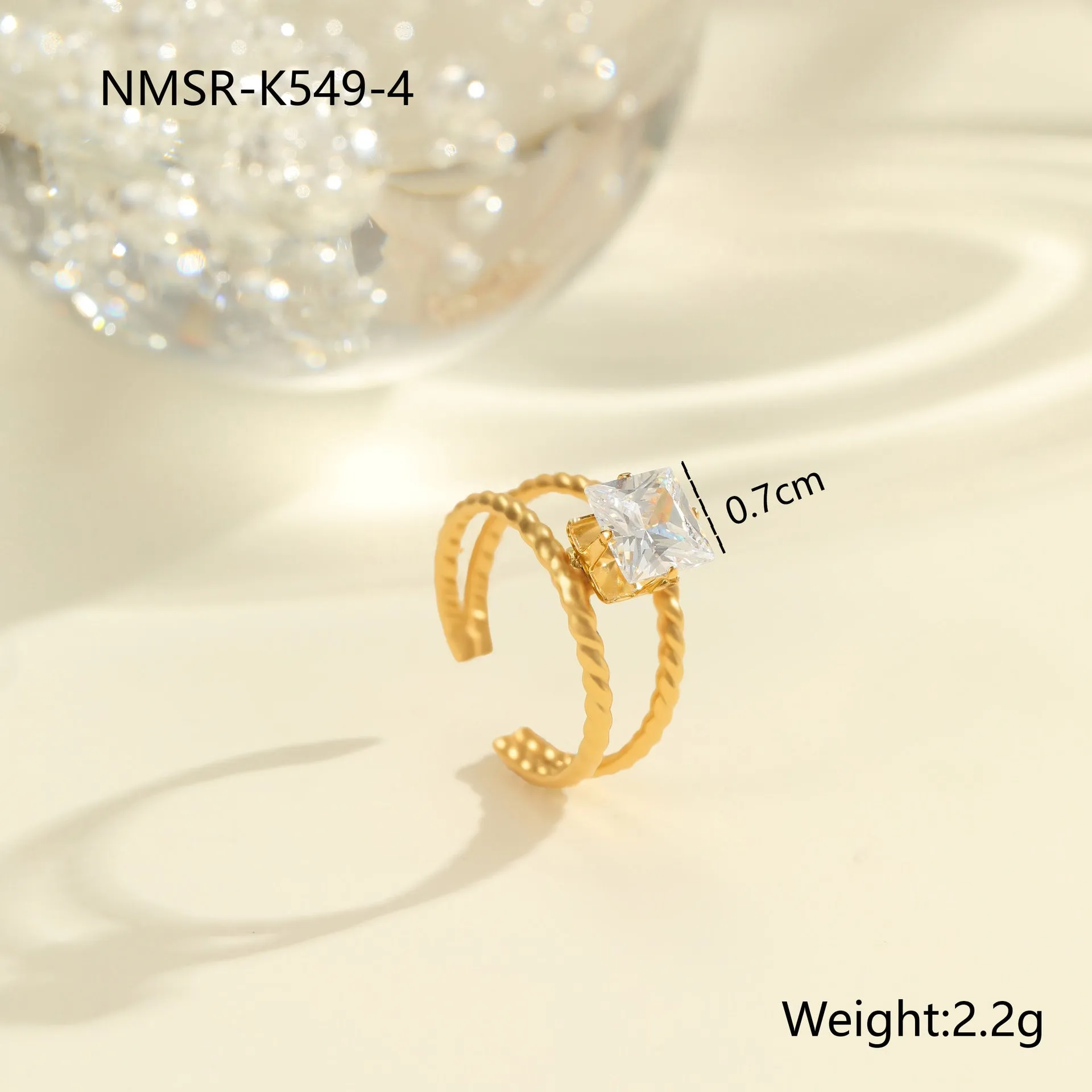 Gold electroplated stainless steel open mouth ring with zircon decoration and geometry design