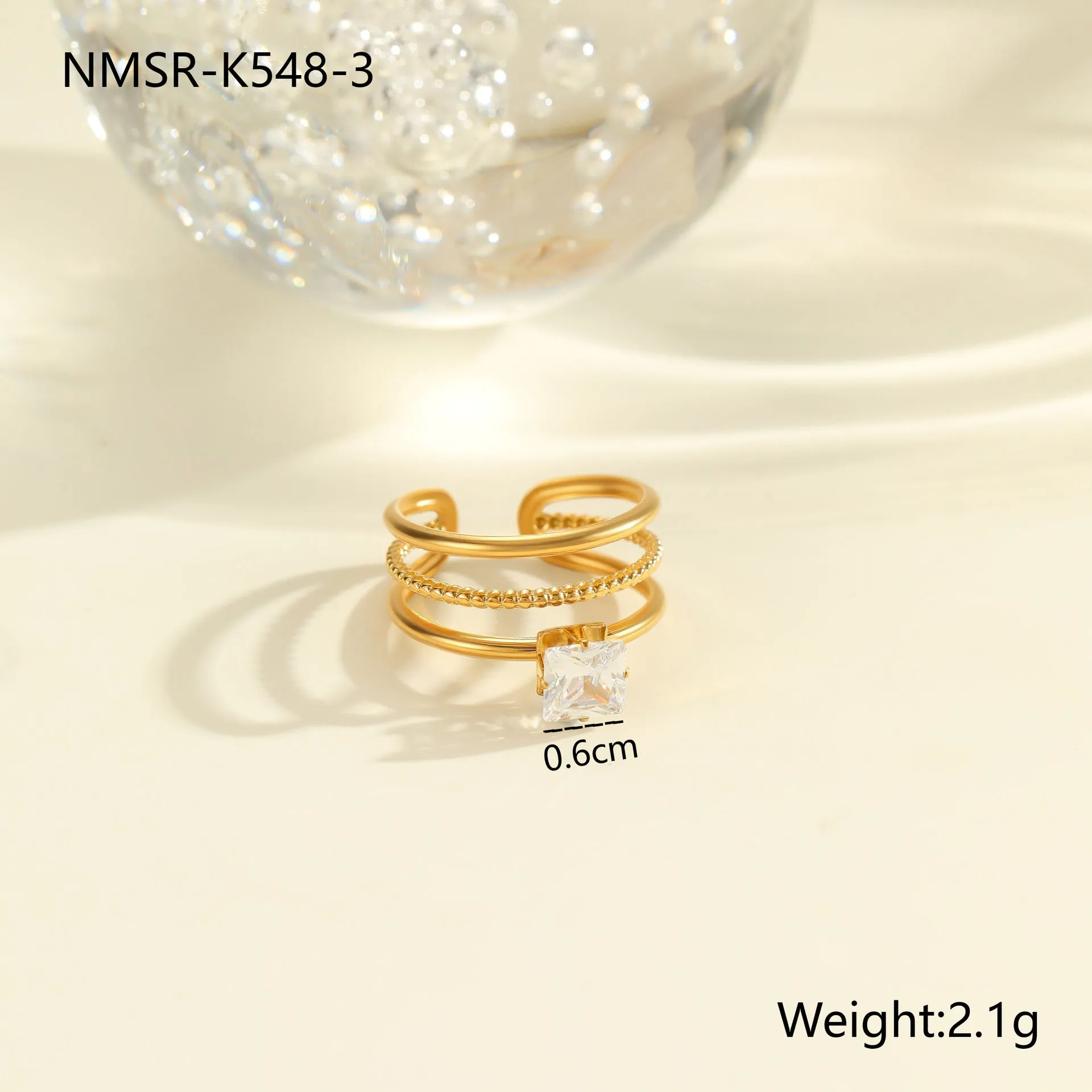 Gold electroplated stainless steel open mouth ring with zircon decoration and geometry design