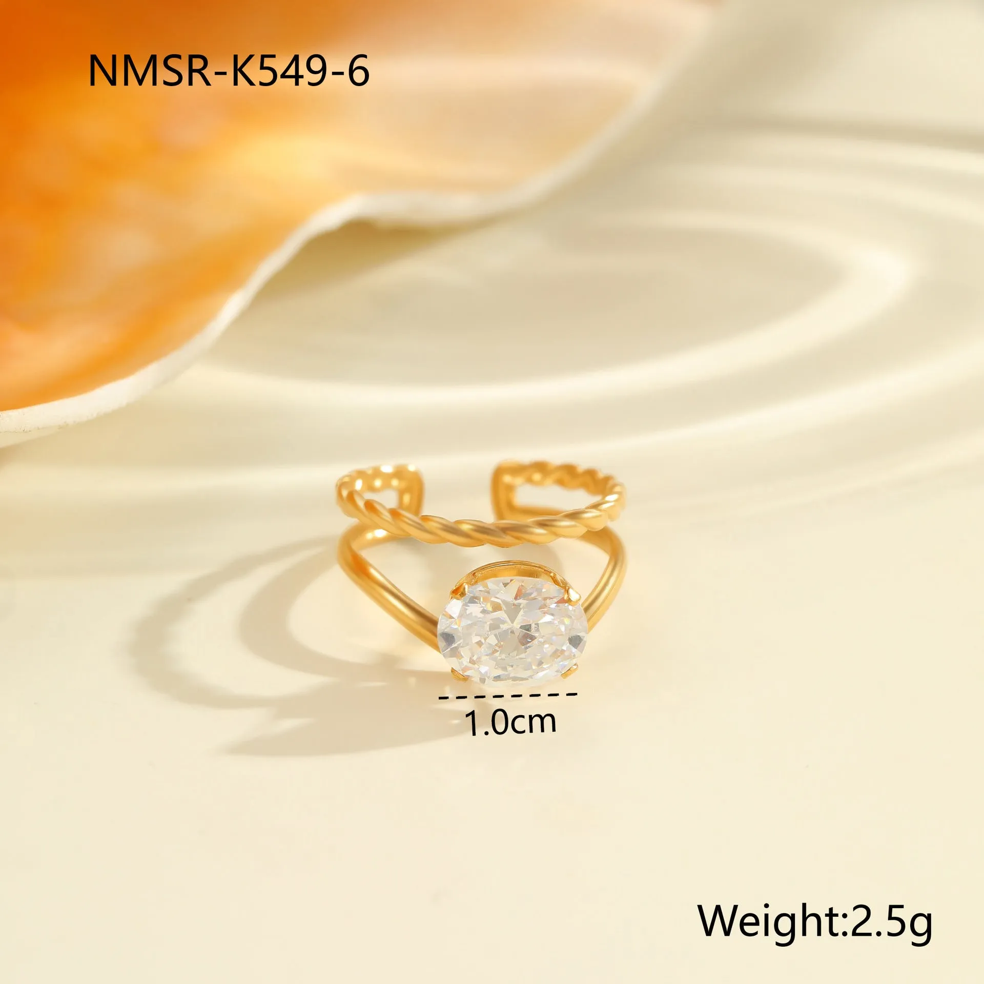 Gold electroplated stainless steel open mouth ring with zircon decoration and geometry design