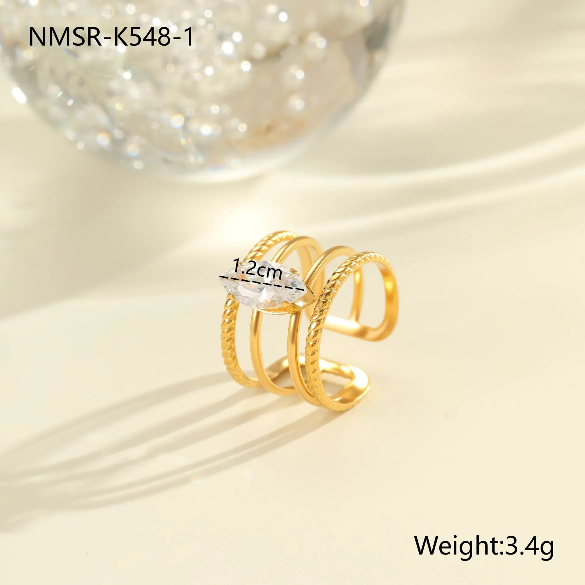 Gold electroplated stainless steel open mouth ring with zircon decoration and geometry design