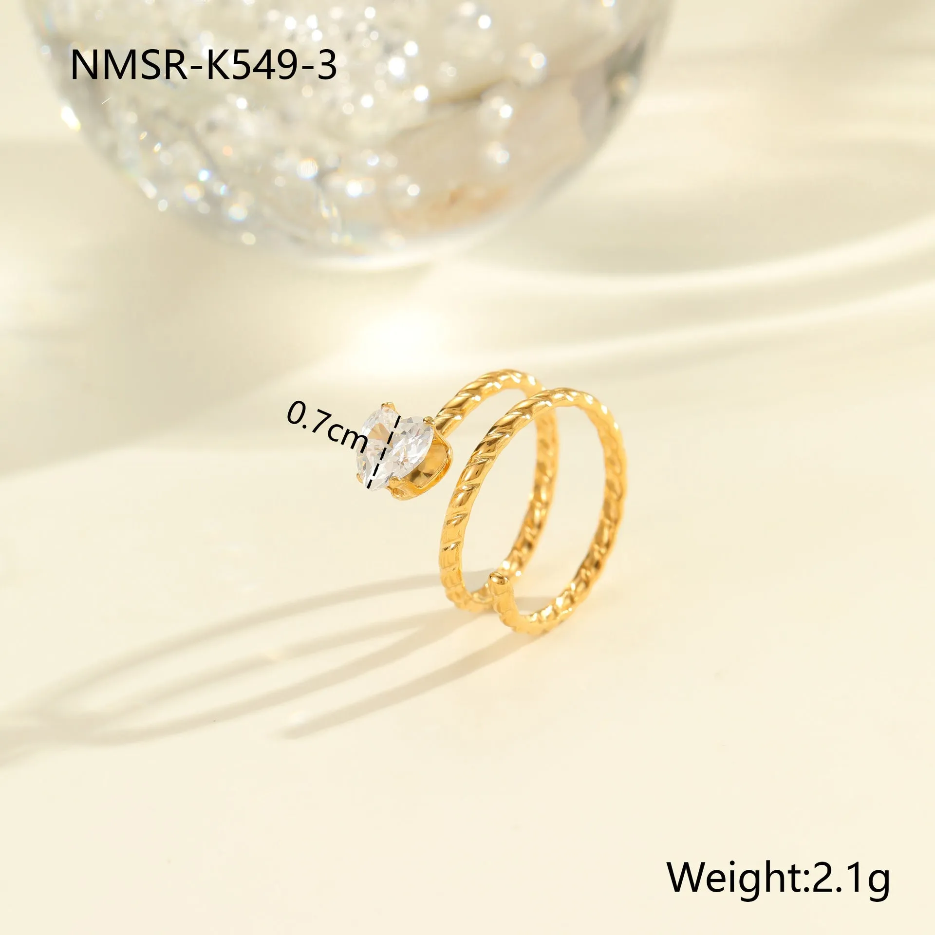 Gold electroplated stainless steel open mouth ring with zircon decoration and geometry design