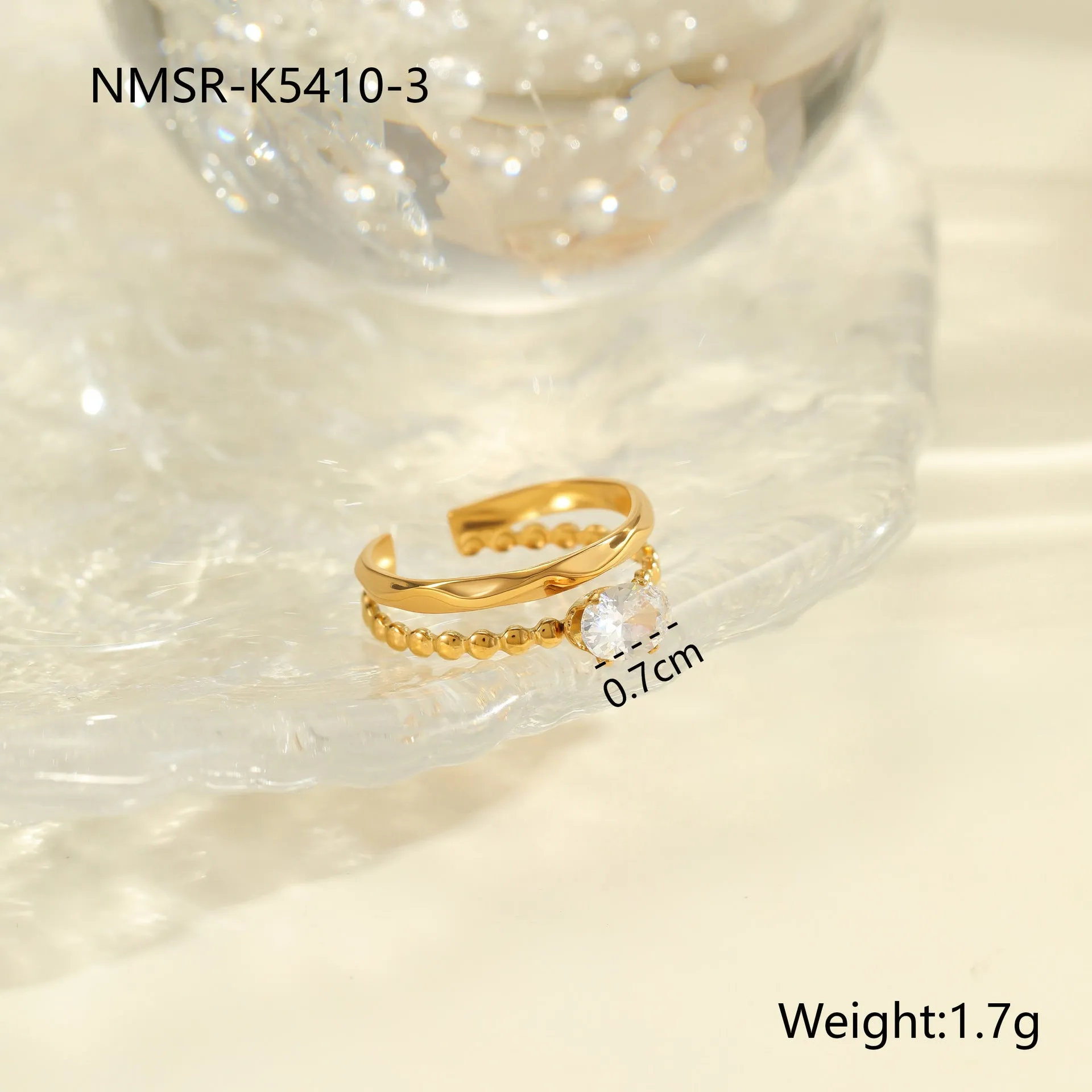 Gold electroplated stainless steel open mouth ring with zircon decoration and geometry design