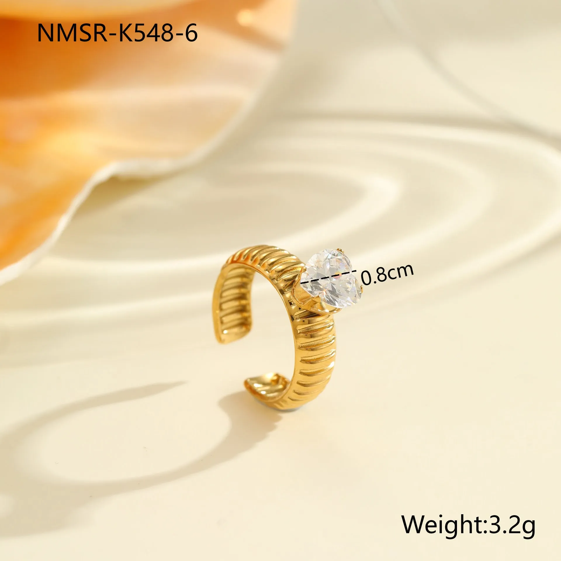 Gold electroplated stainless steel open mouth ring with zircon decoration and geometry design