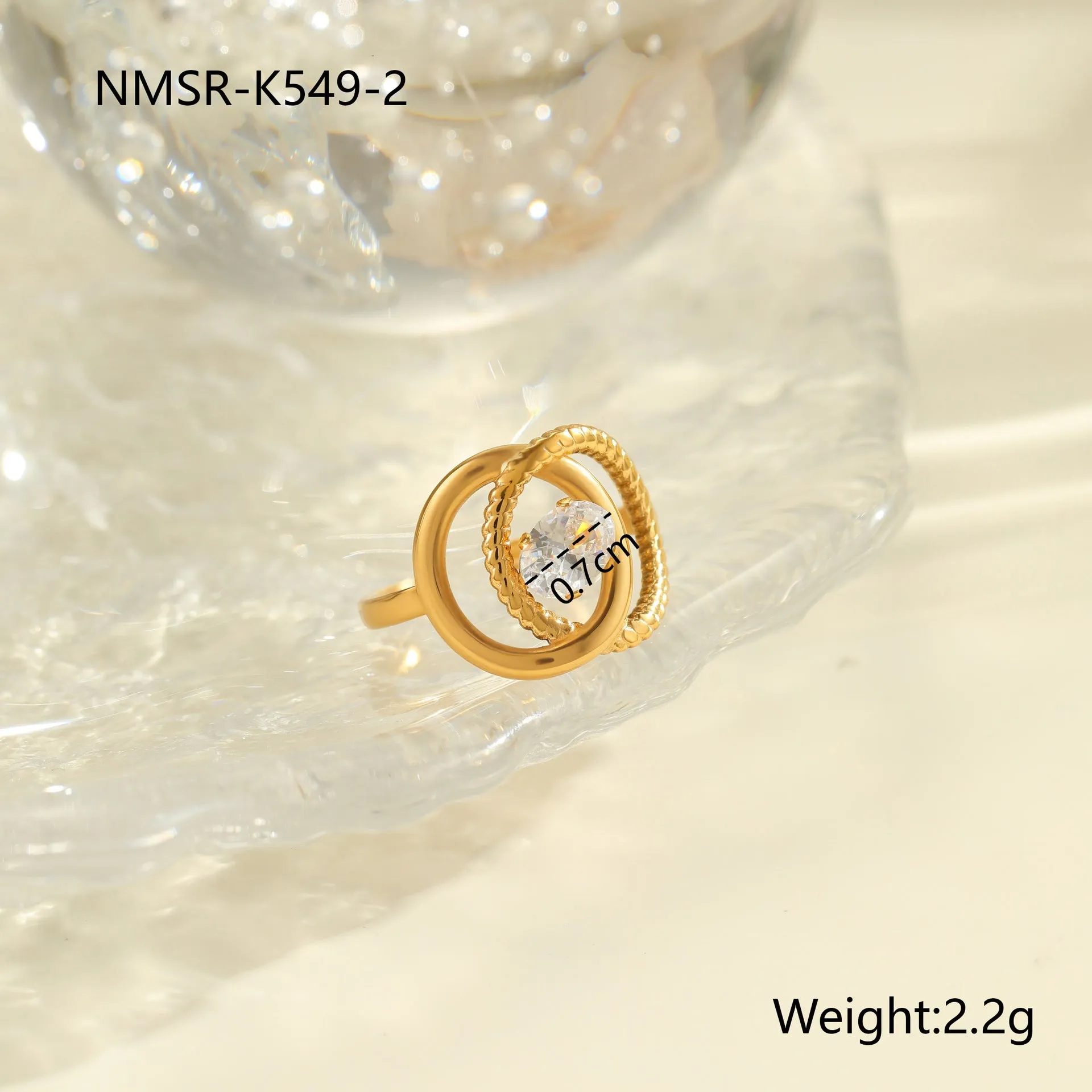 Gold electroplated stainless steel open mouth ring with zircon decoration and geometry design