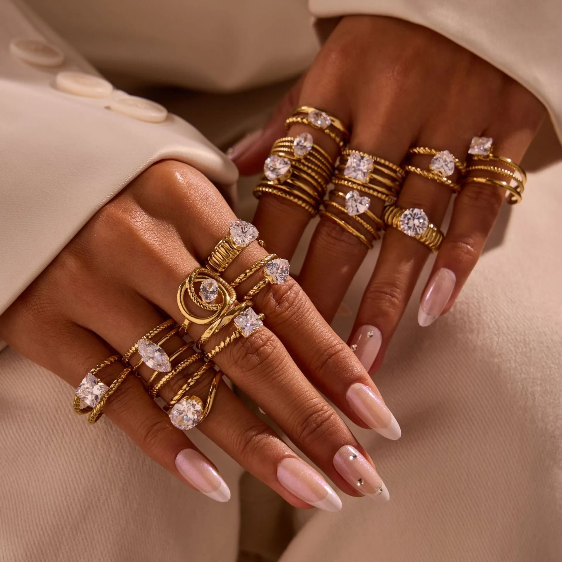 Gold electroplated stainless steel open mouth ring with zircon decoration and geometry design