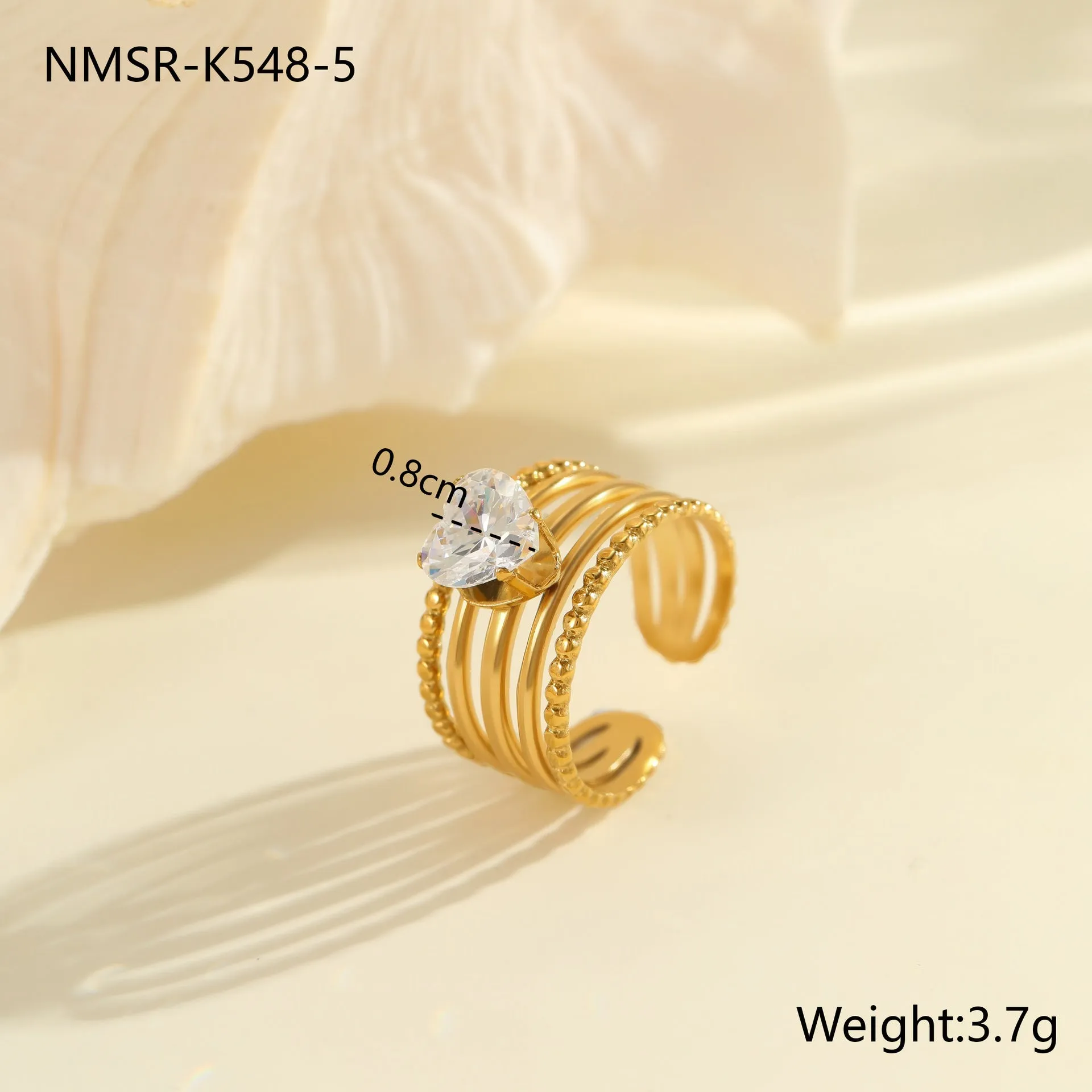 Gold electroplated stainless steel open mouth ring with zircon decoration and geometry design