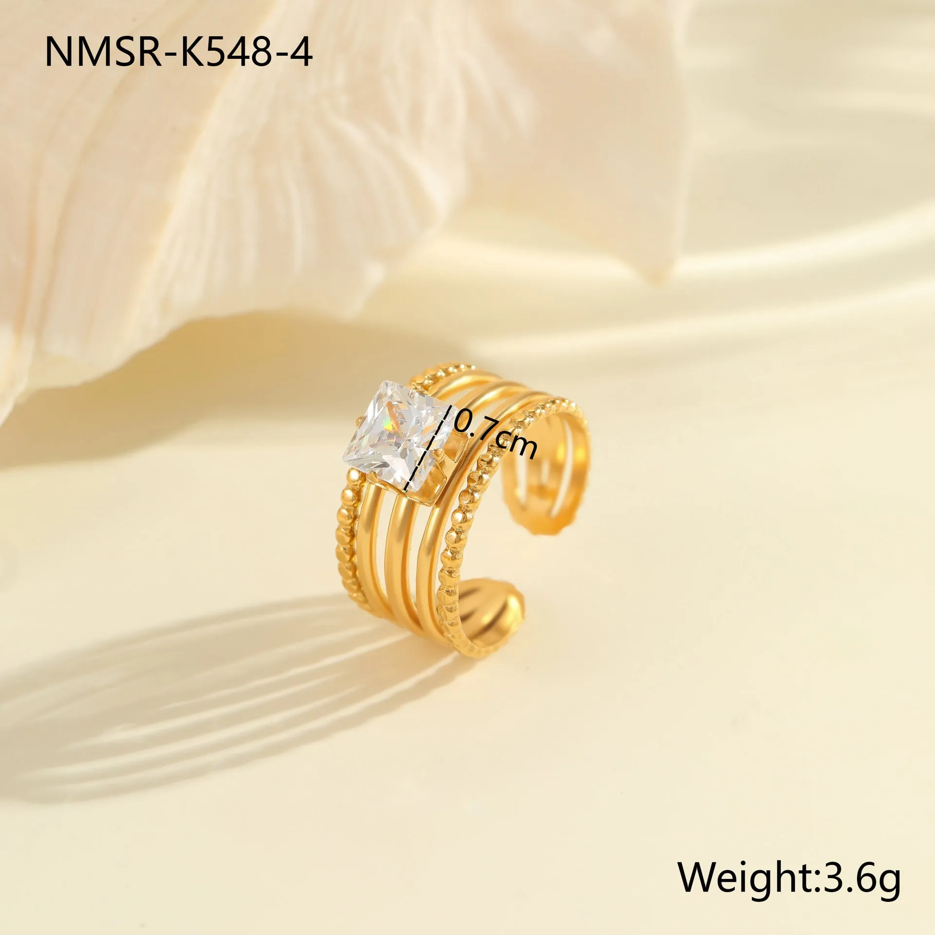 Gold electroplated stainless steel open mouth ring with zircon decoration and geometry design