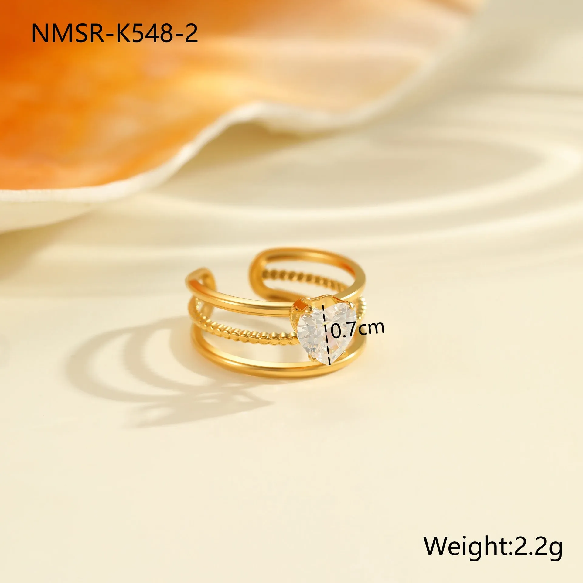 Gold electroplated stainless steel open mouth ring with zircon decoration and geometry design