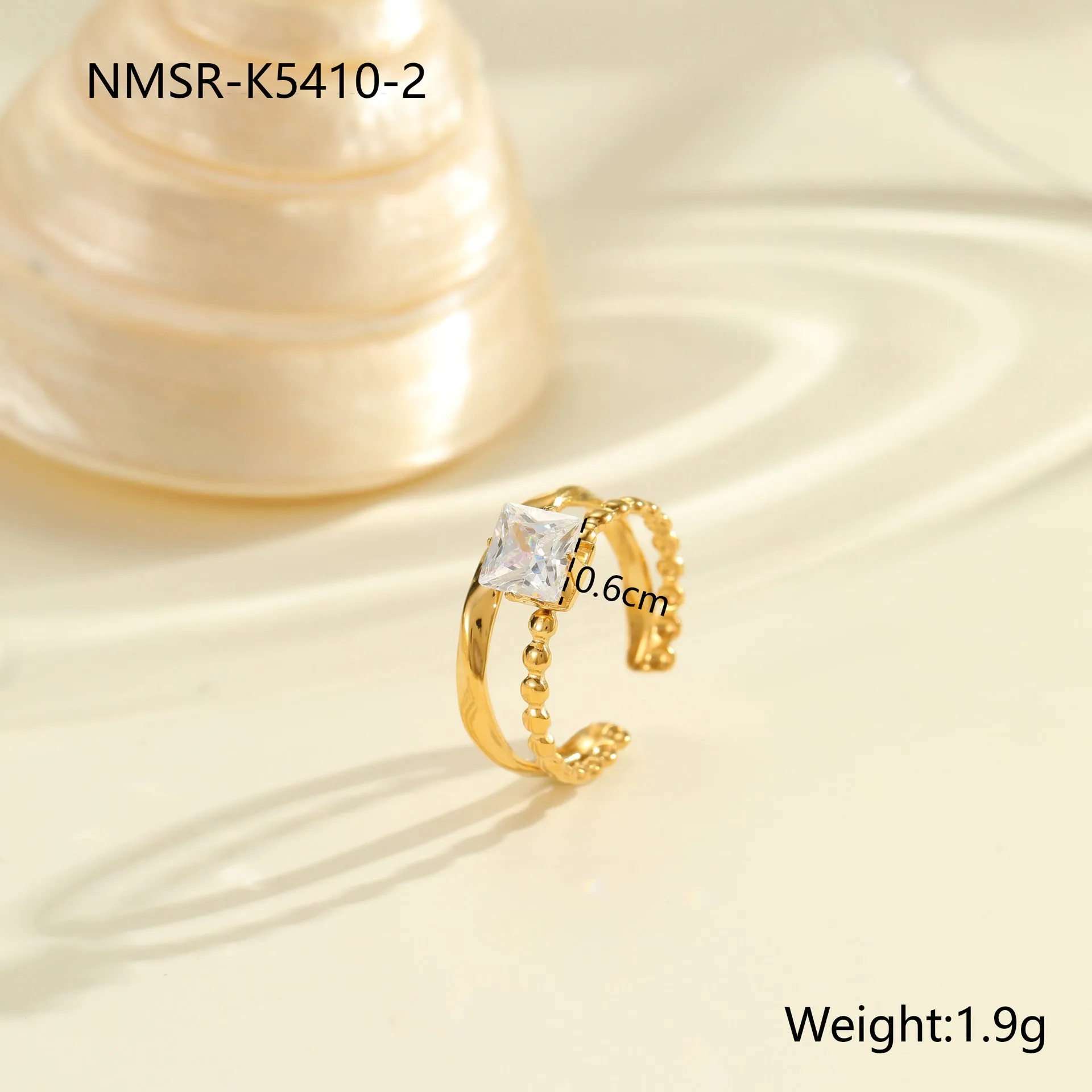 Gold electroplated stainless steel open mouth ring with zircon decoration and geometry design