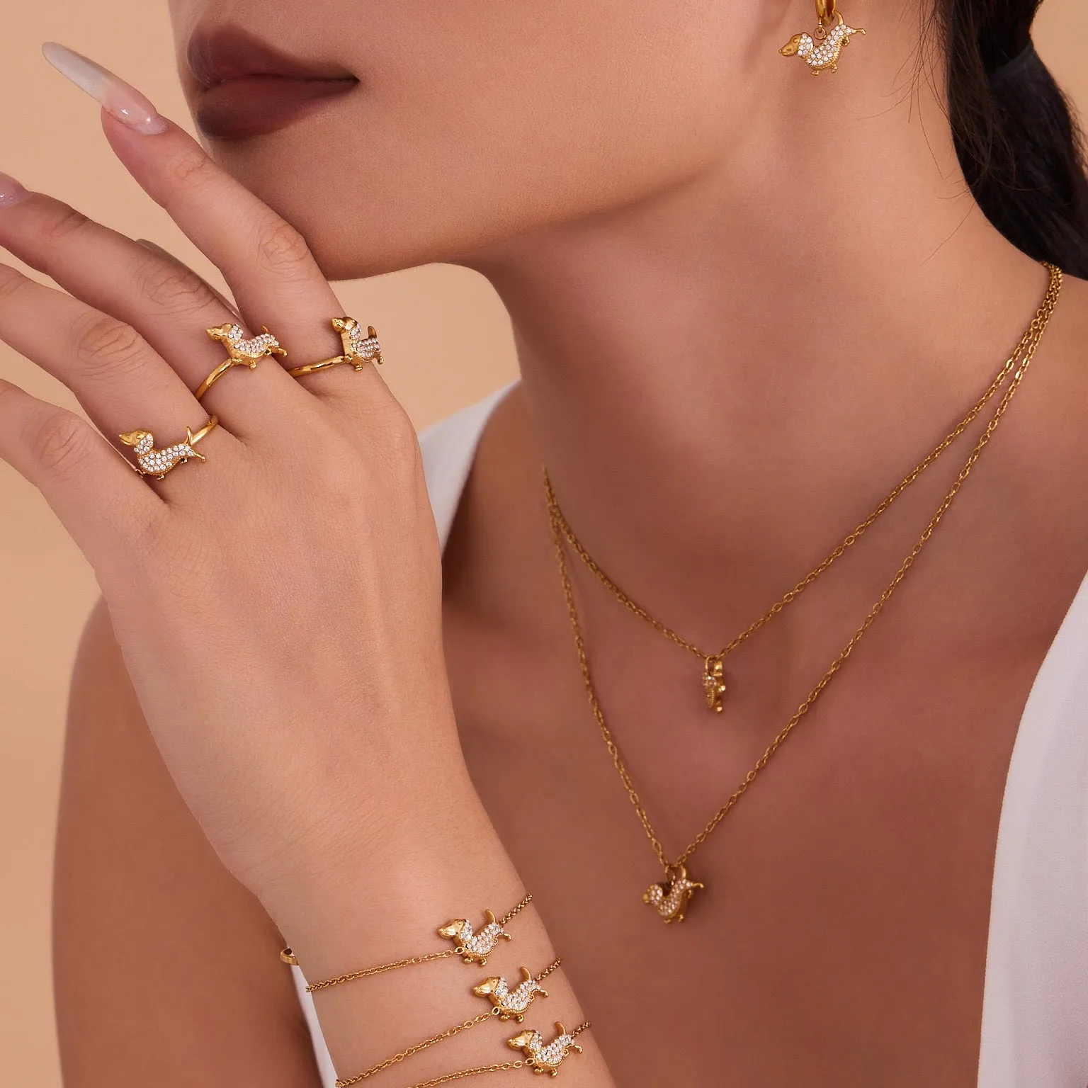 Gold puppy zircon bracelet with chain pattern and full zirconium accents on titanium steel