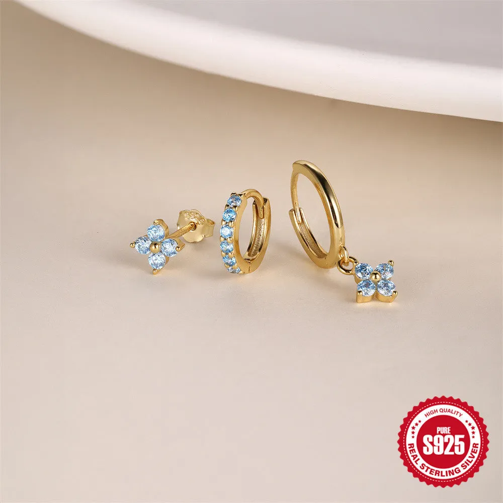 S925 sterling silver geometric circle earrings set of 3 pieces with classic petals and diamond design in gold tone