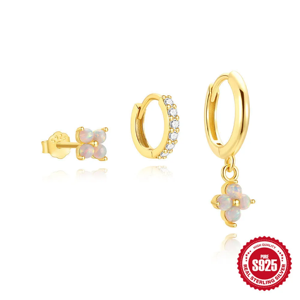 S925 sterling silver geometric circle earrings set of 3 pieces with classic petals and diamond design in gold tone