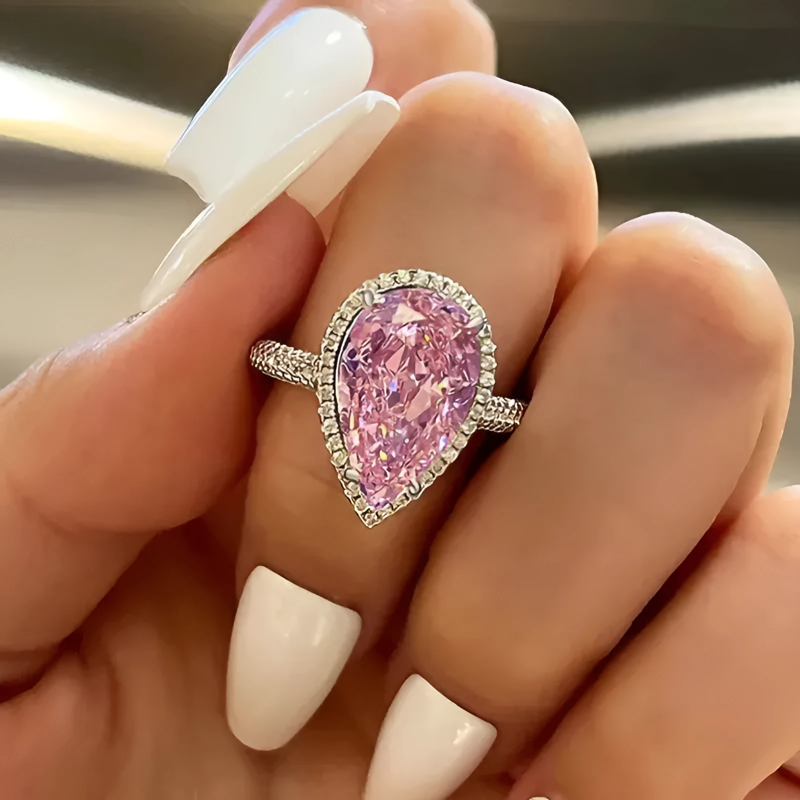 Inlaid zircon copper fashion ring for women, pink colour, size No 7