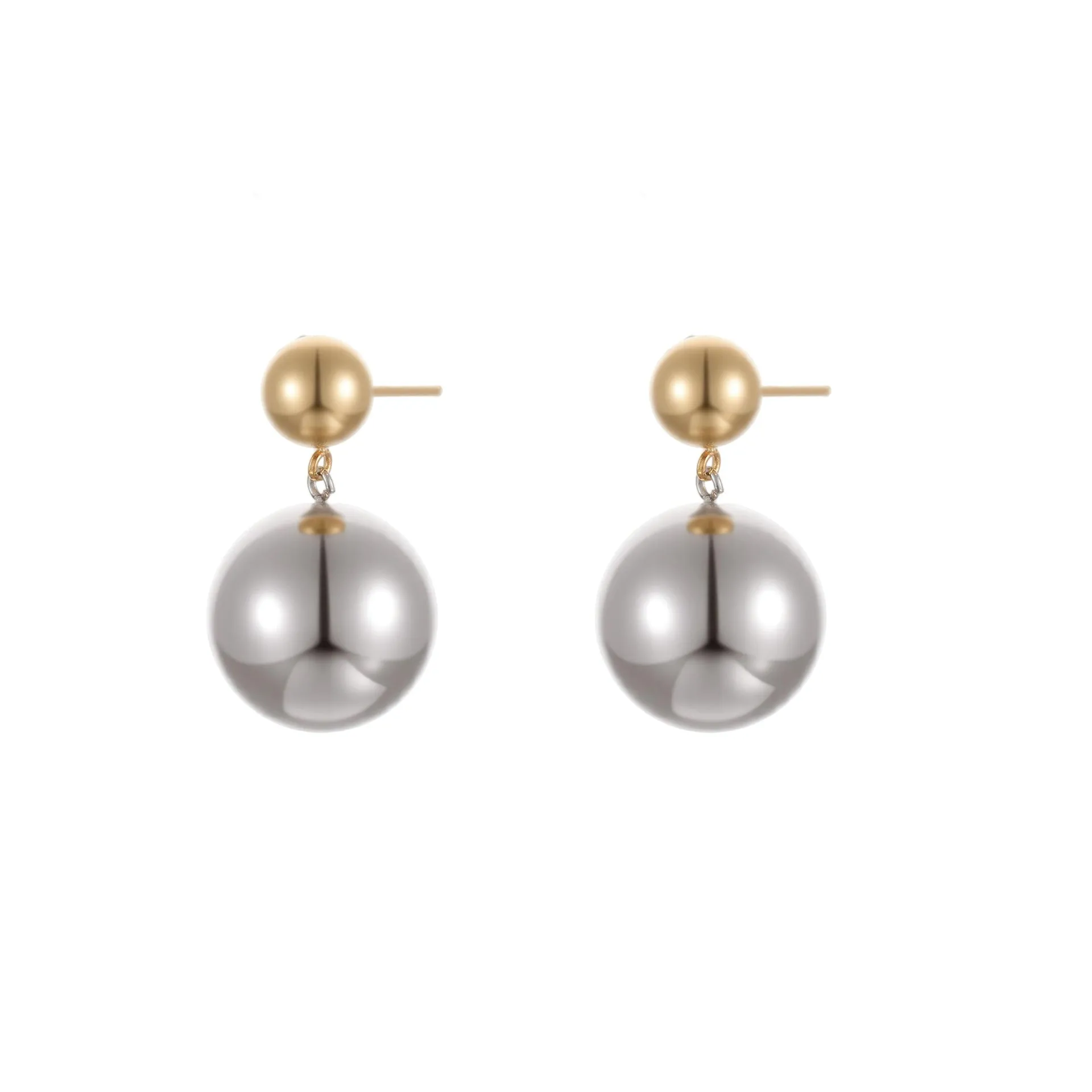 A pair of women's stud earrings with colour-blocked round geometric beads on stainless steel posts.